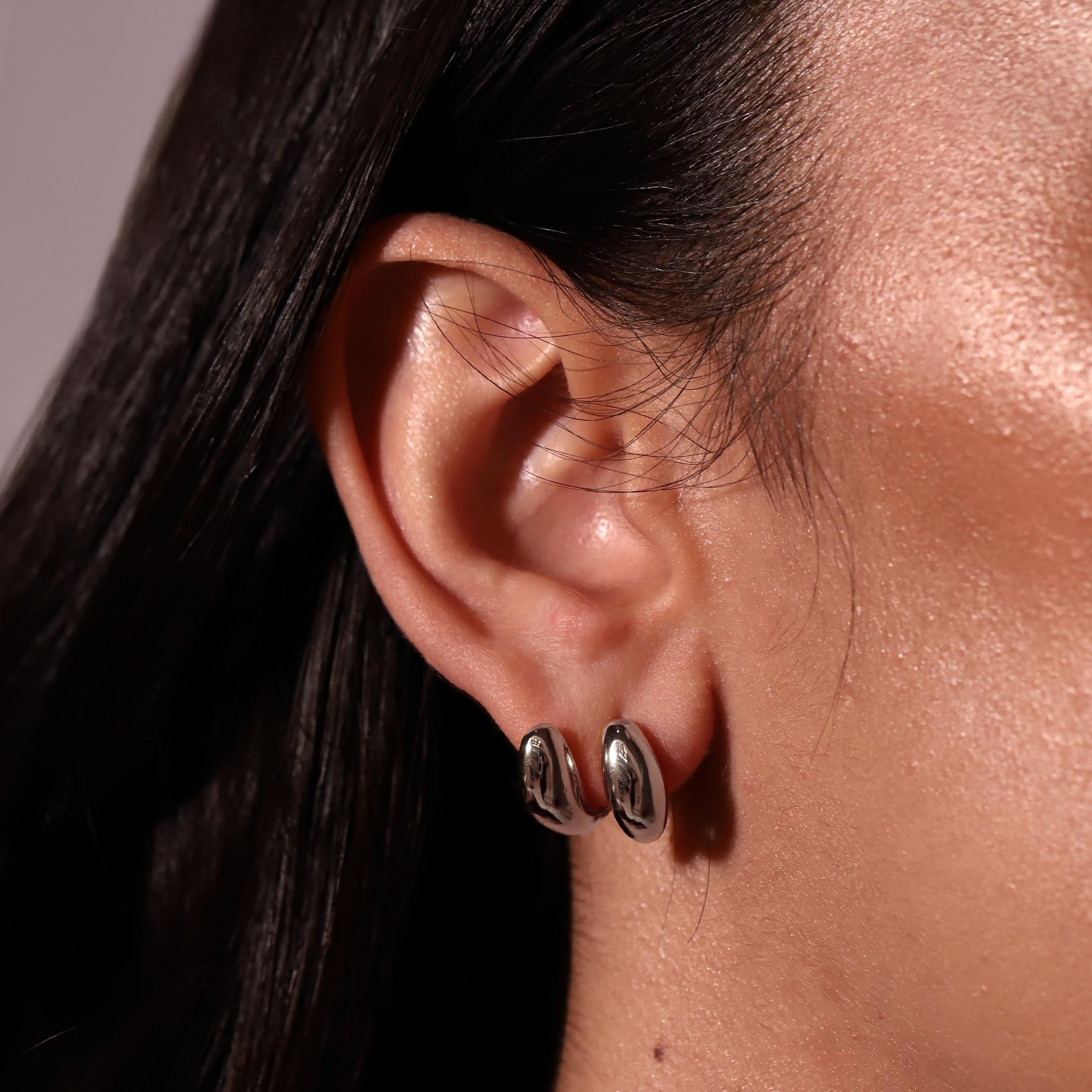 Duo Earring Studs On Model - Silver