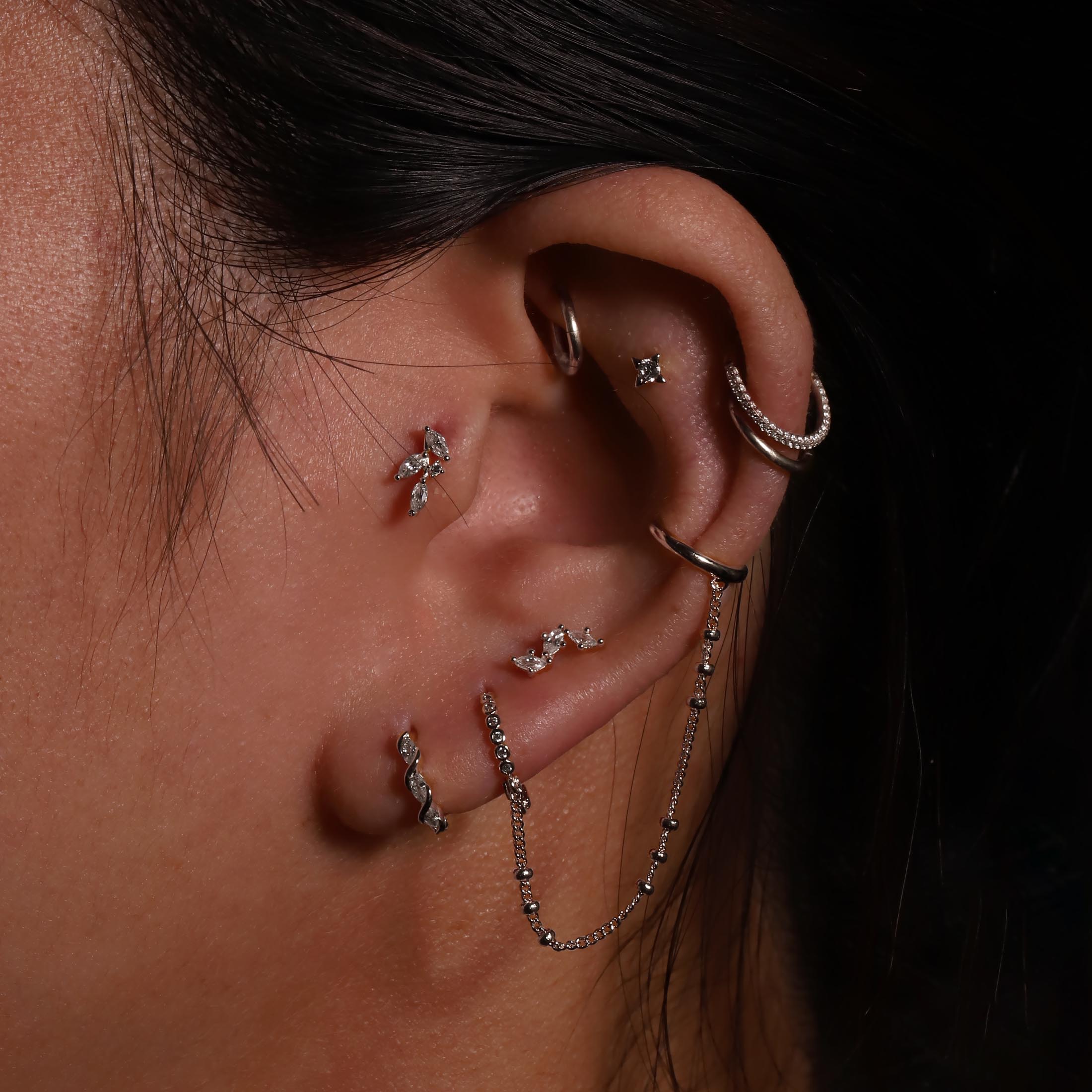 Entwine Olive Gemstones Earring Huggie Hoop On Model - Sterling Silver