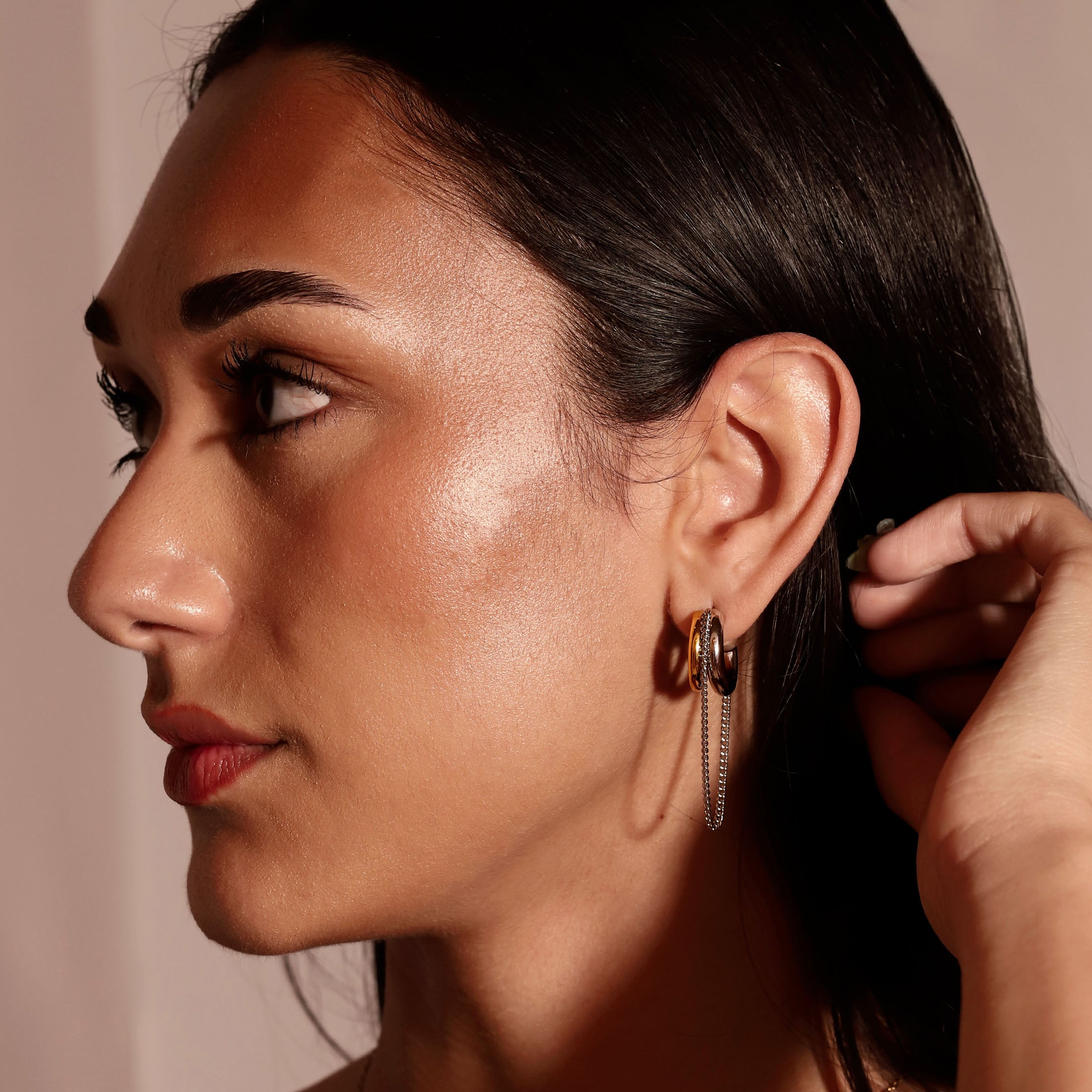 Ethos Duo Toned Chain Earring Hoop Studs On Model 2