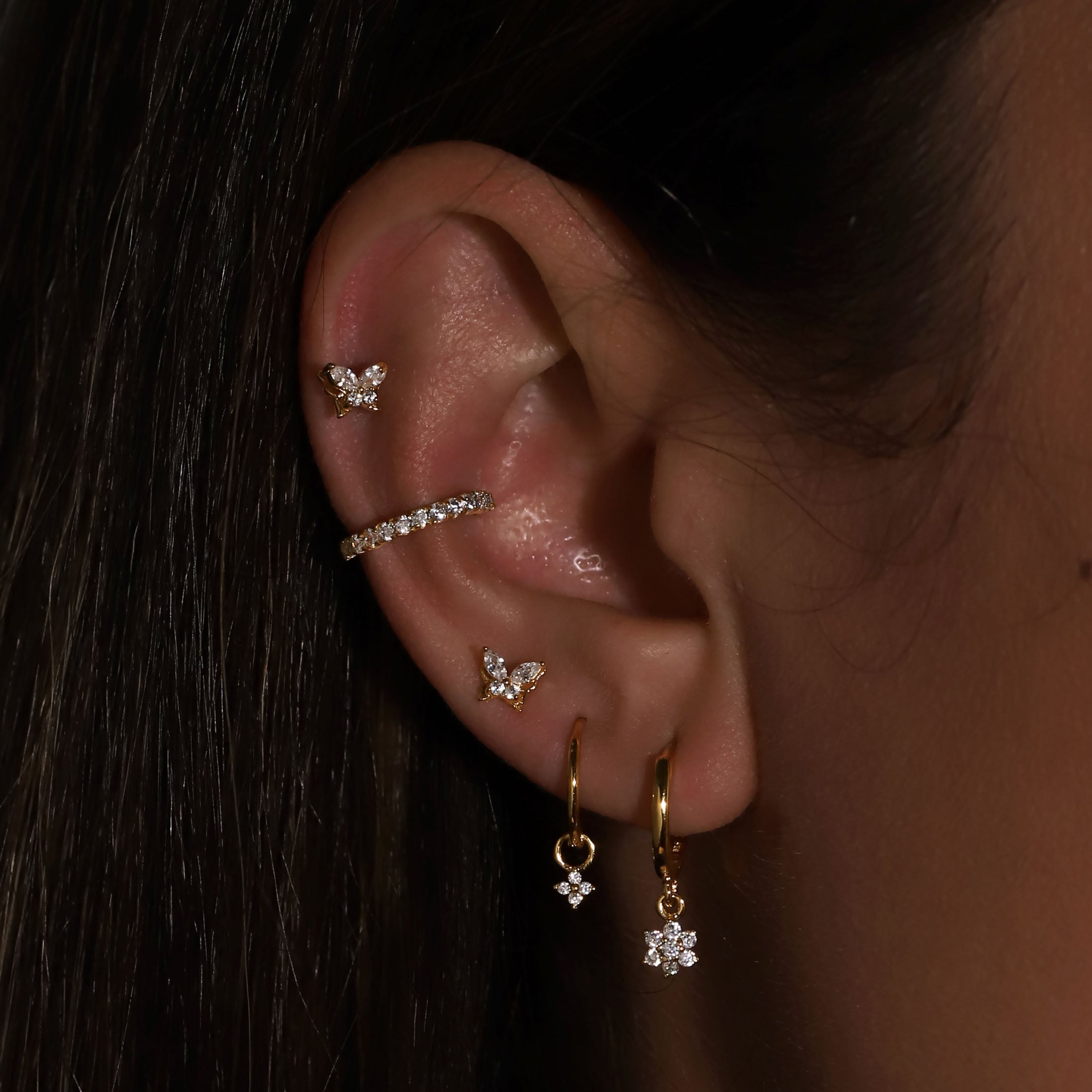 Shine Gemstone Helix Conch & Cartilage Hoop Piercing On Model - Gold
