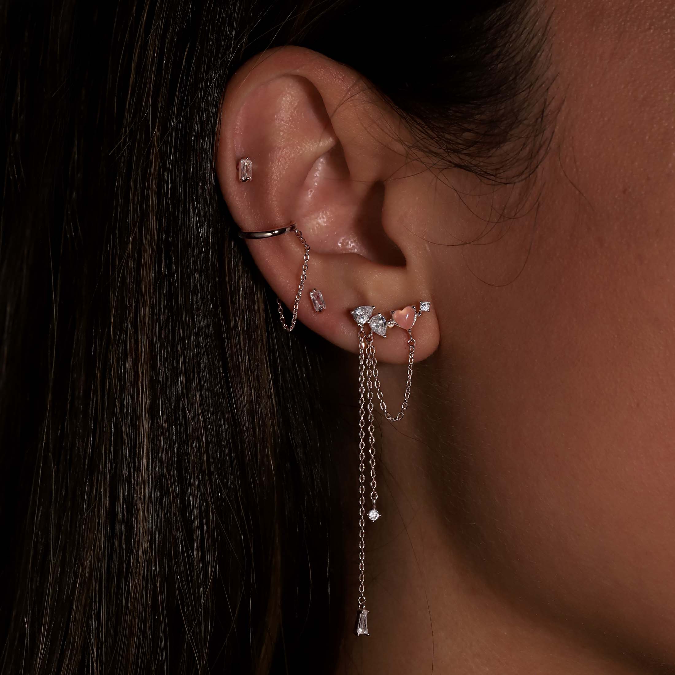 Linger Chain Asymmetric Heart Gemstone Earrings On Model - Silver