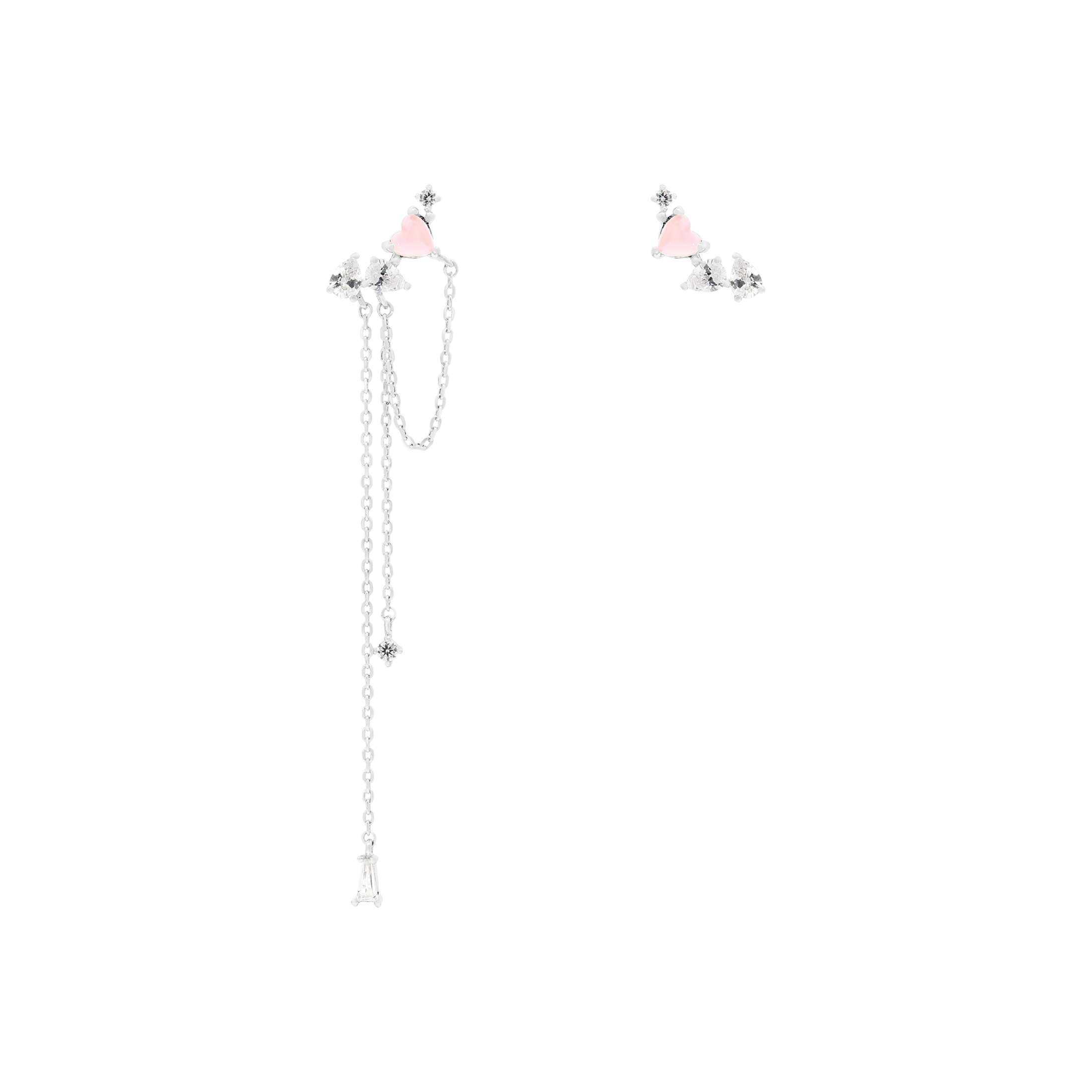 Linger Chain Asymmetric Heart Gemstone Earrings - Silver