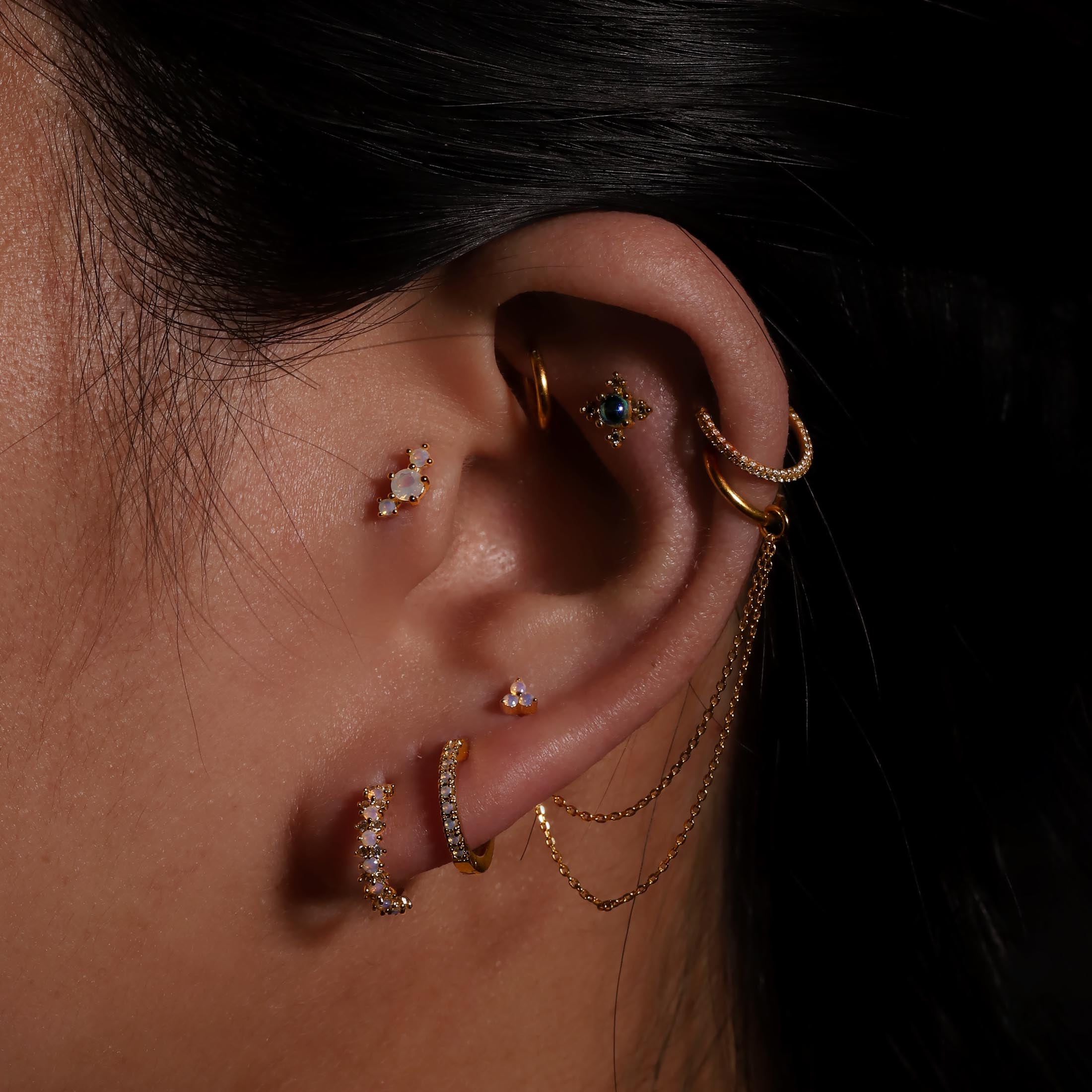 Logic Moonstone Earring Huggie Hoops On Model - Gold
