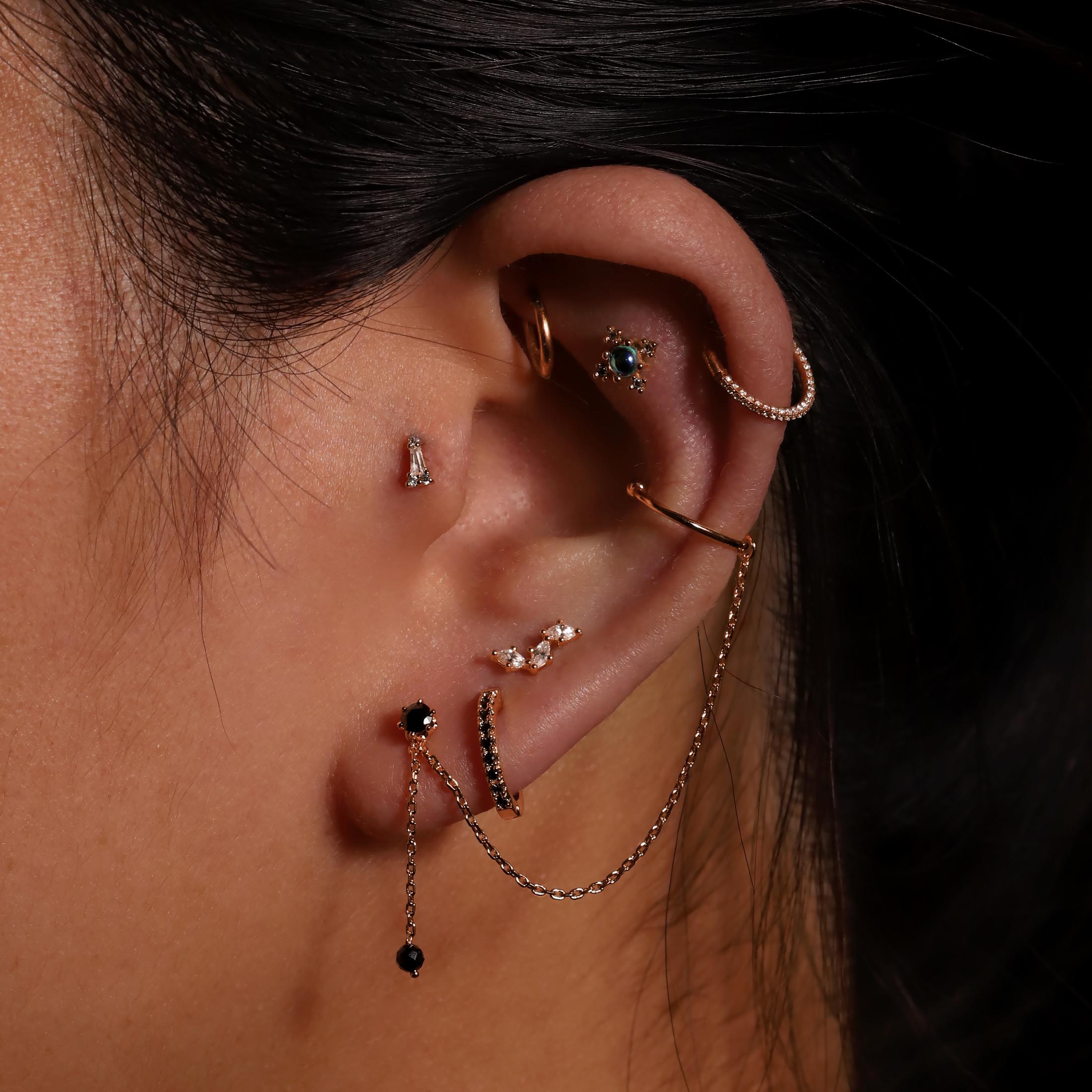 Logic Onyx Gemstone Earring Huggie Hoops On Model - Rose Gold