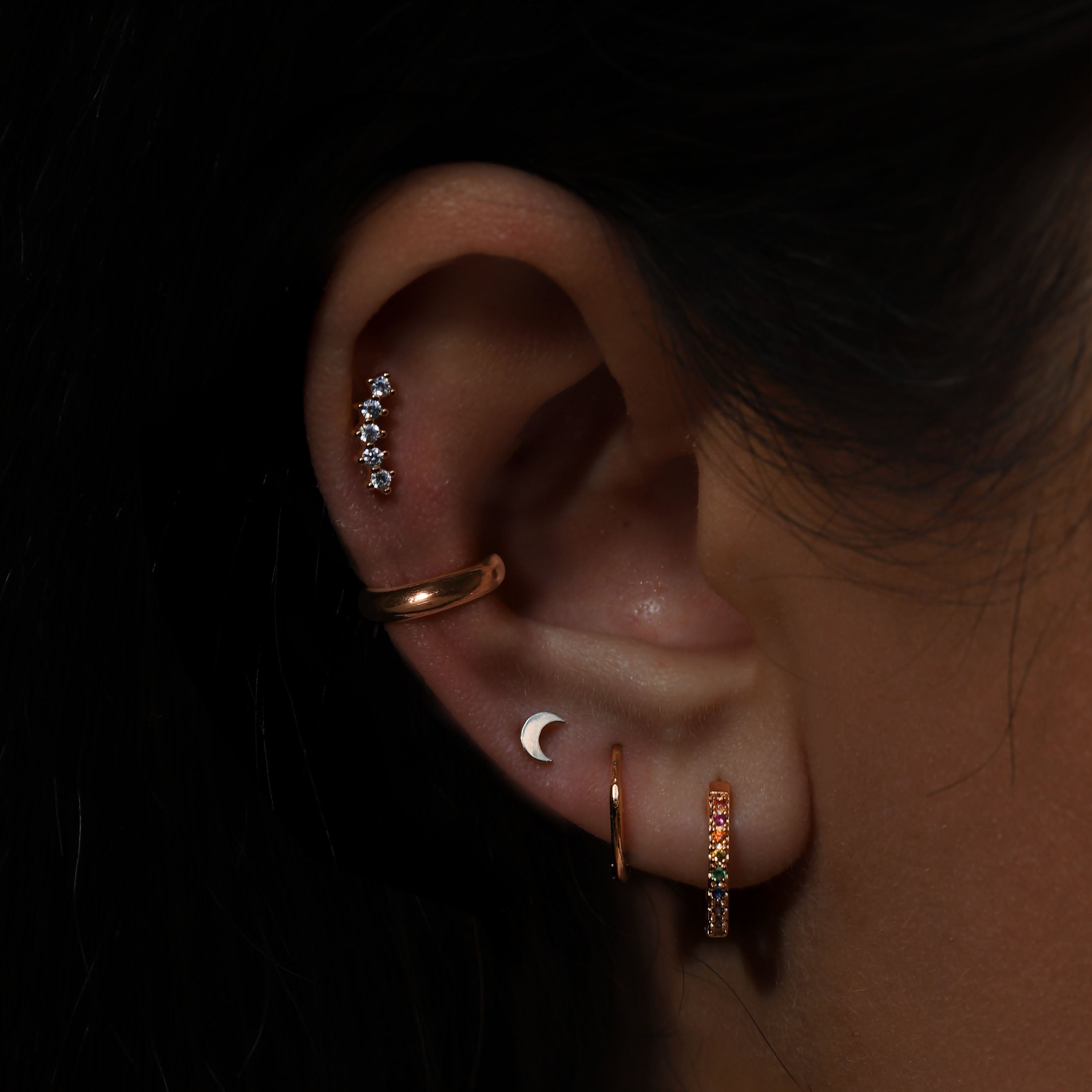 Logic Rainbow Gemstone Huggie Hoop Earrings On Model - Rose Gold