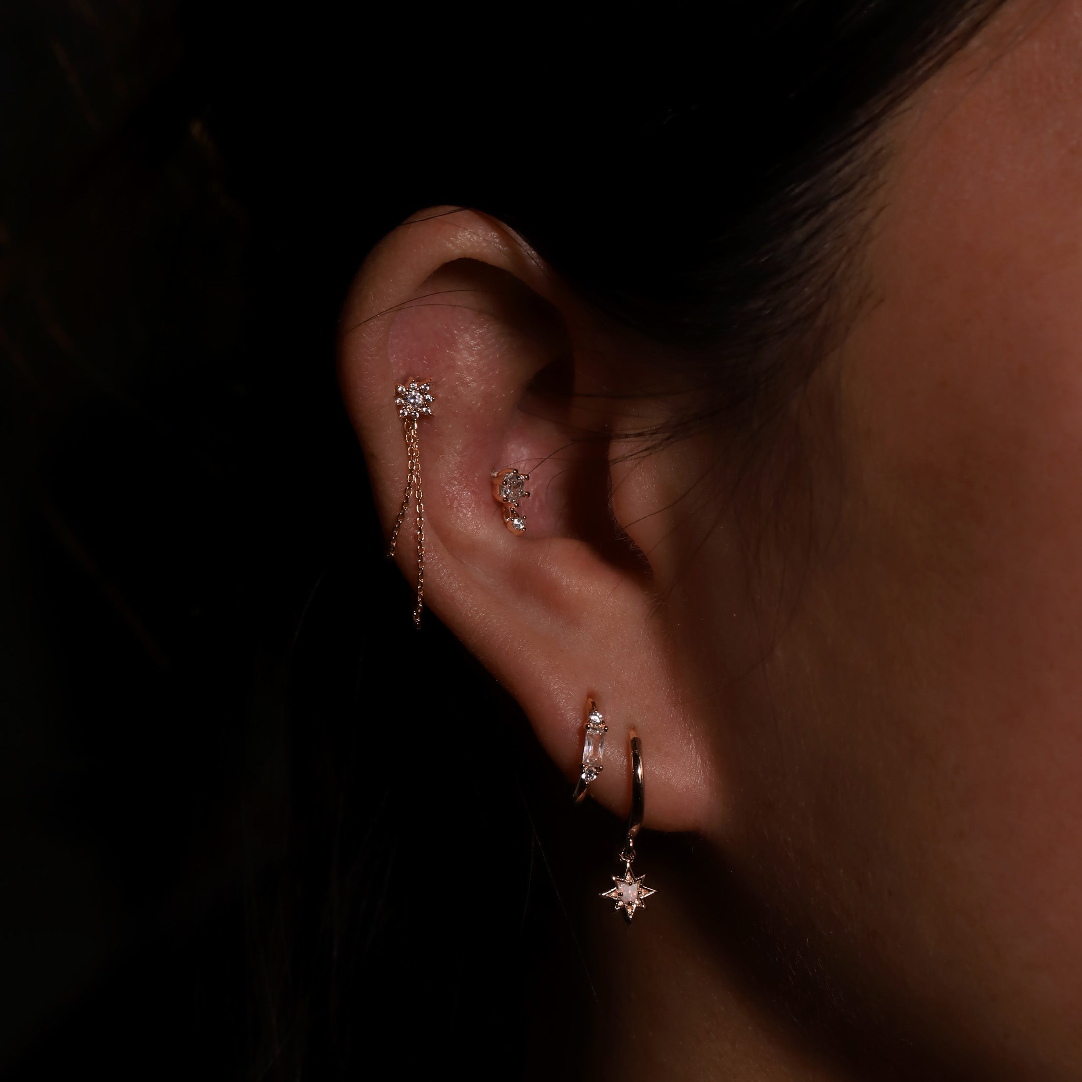 Meteor Star Opal Earring Huggie Hoops On Model - Rose Gold