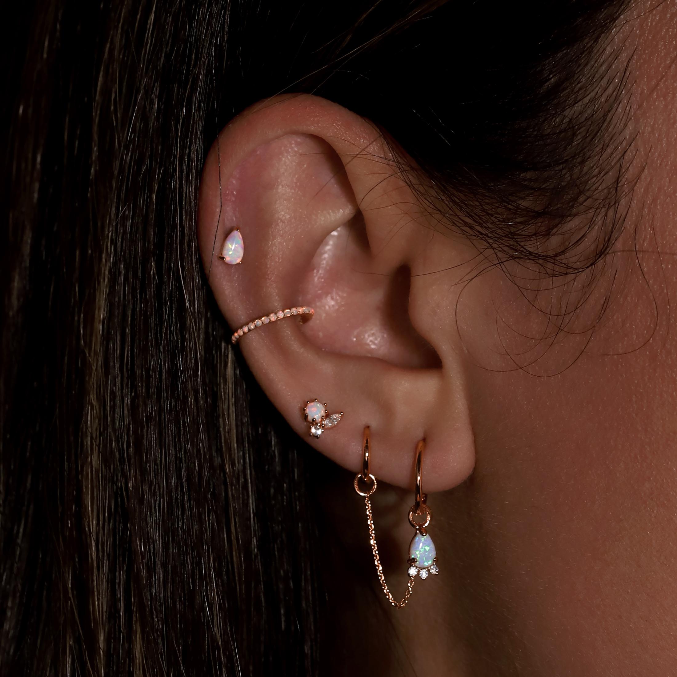 Spectral Opal Helix Conch & Cartilage Hoop Piercing On Model - Rose Gold