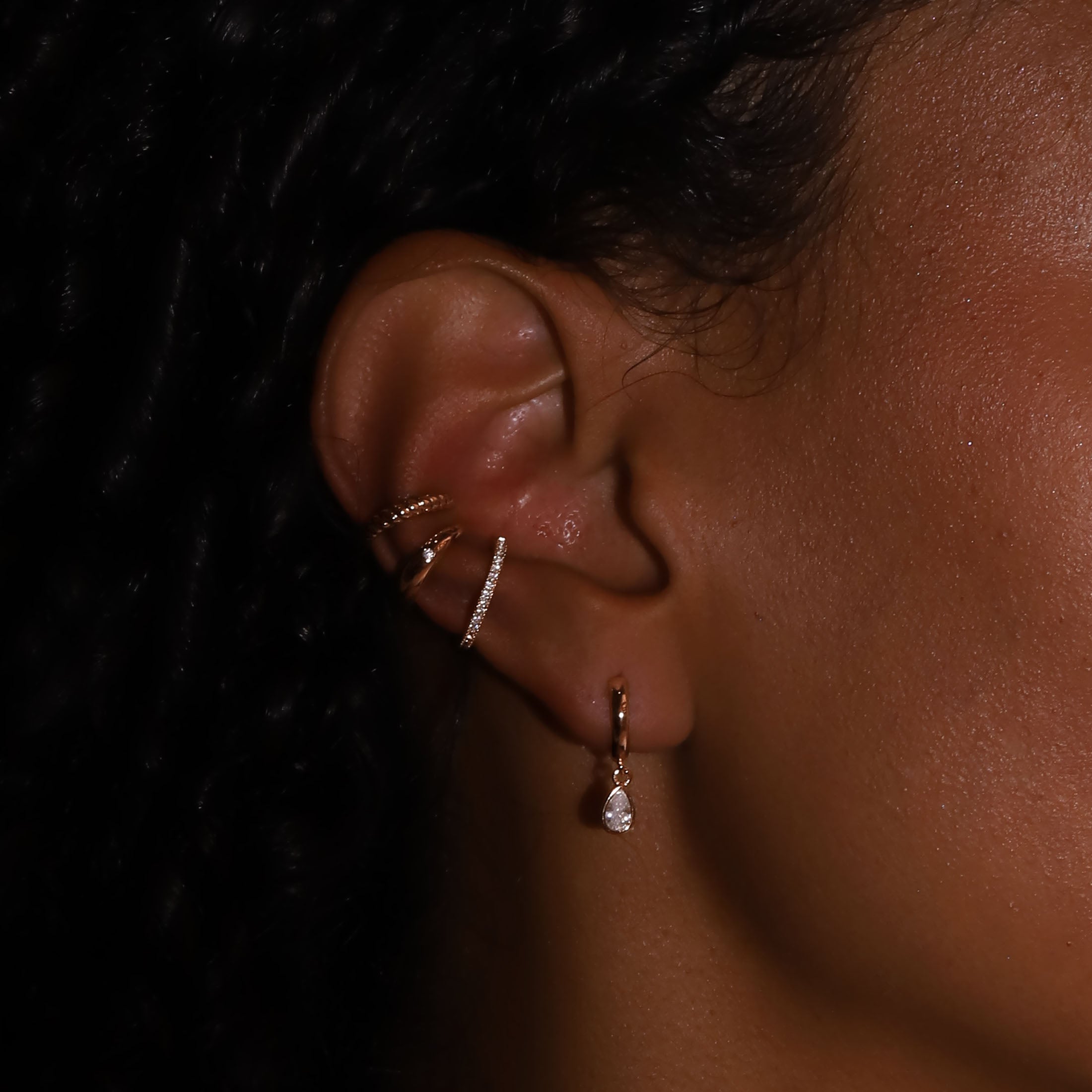 Teardrop Gemstone Pendant Earring Huggie Hoops On Model 2 - Rose Gold