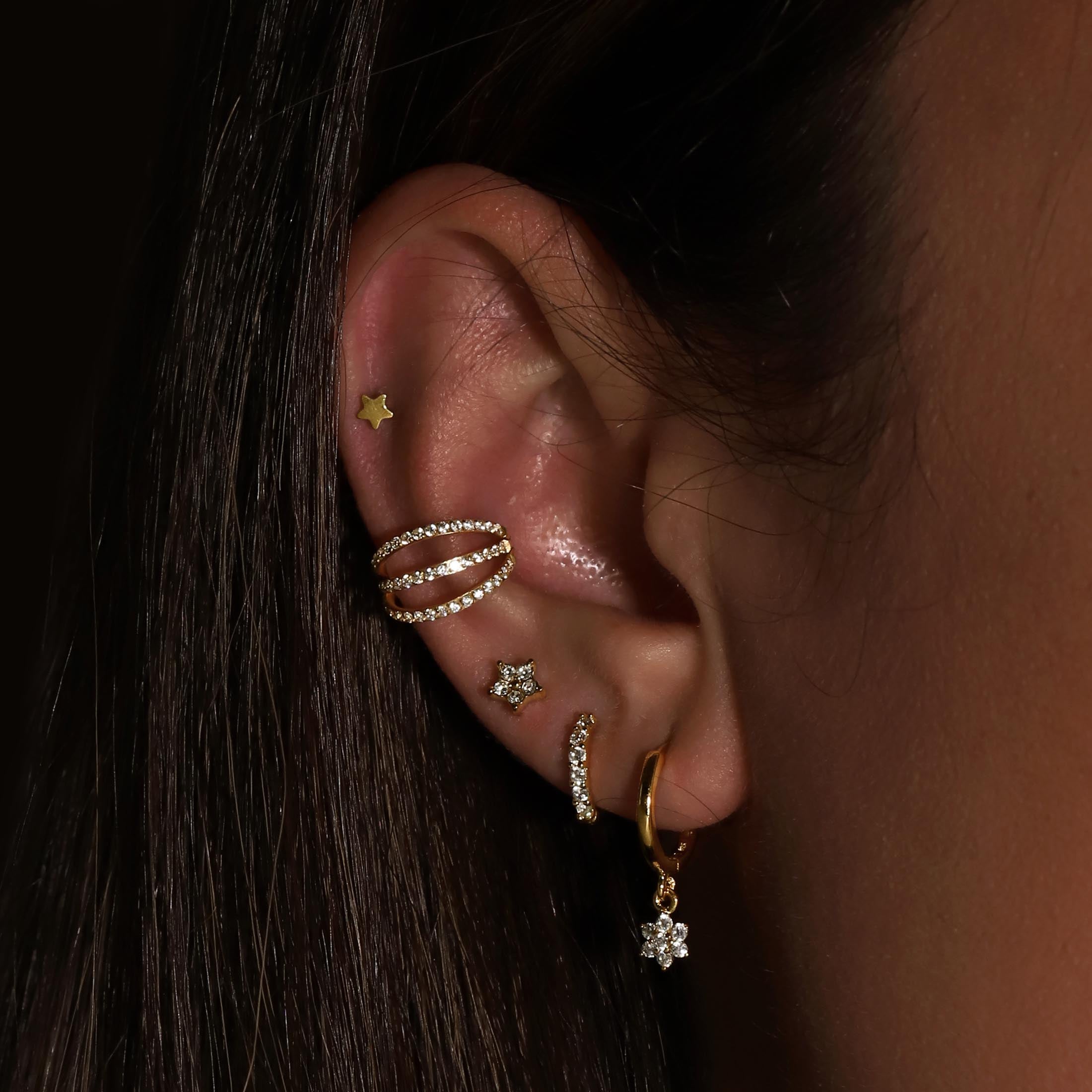 Aure Gemstone Helix Conch & Cartilage Hoop Piercing On Model - Gold