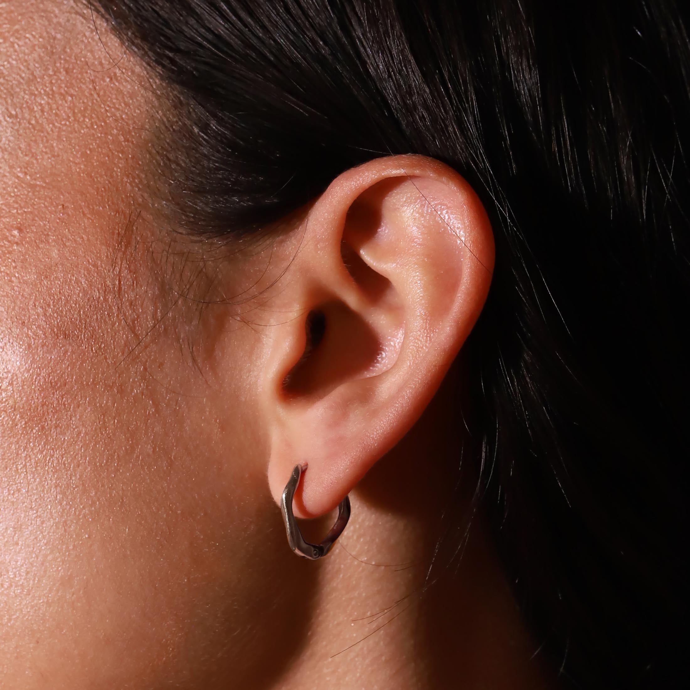 Ripple Hoop Earrings On Model - Silver