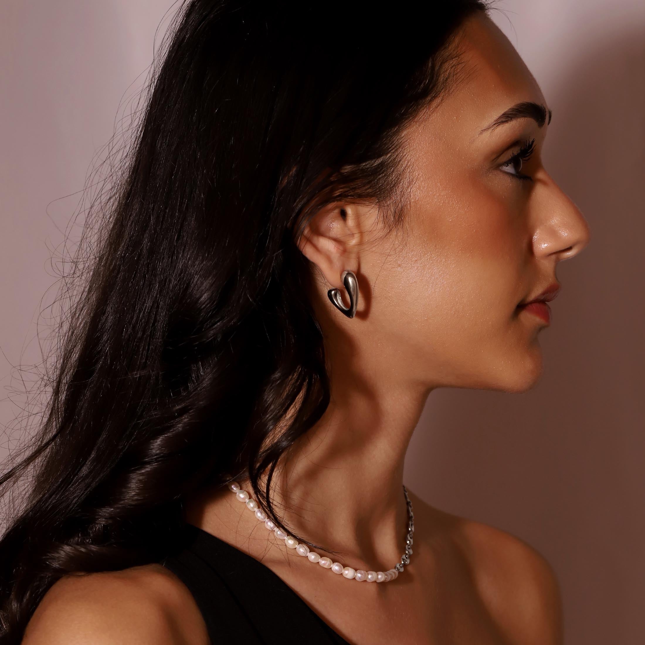 Rita Heart Earring Studs On Model - Silver