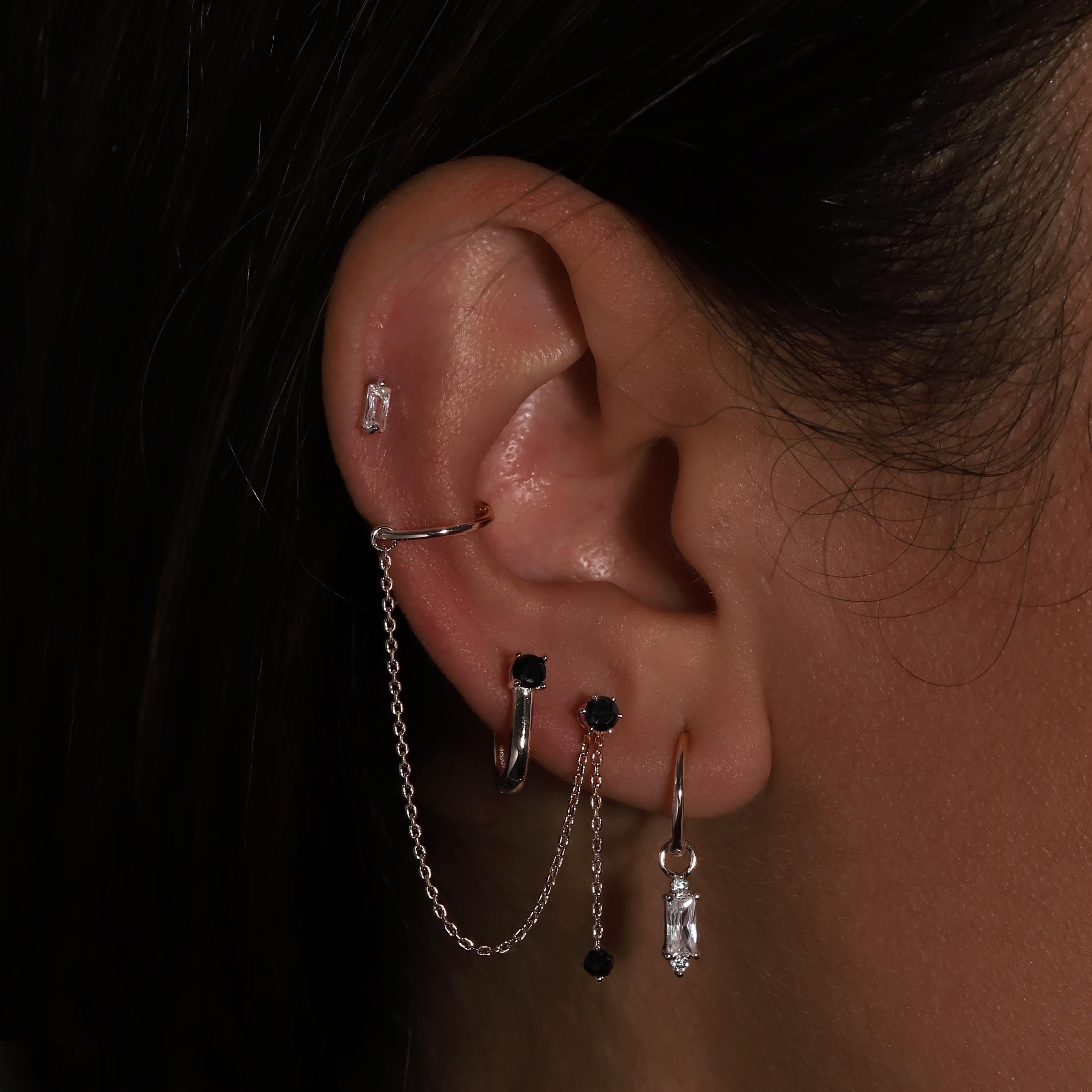Muse Onyx Chain Earring Cuff On Model - Sterling Silver