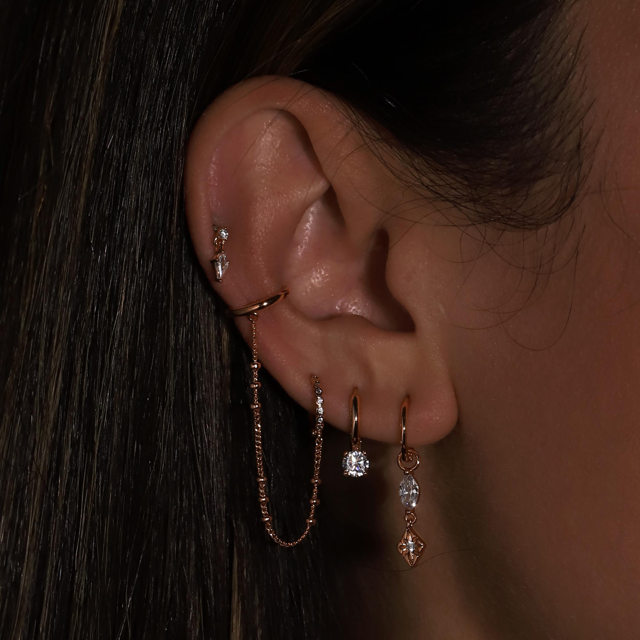 Solitaire Gemstone Huggie Hoop Earrings On Model - Rose Gold