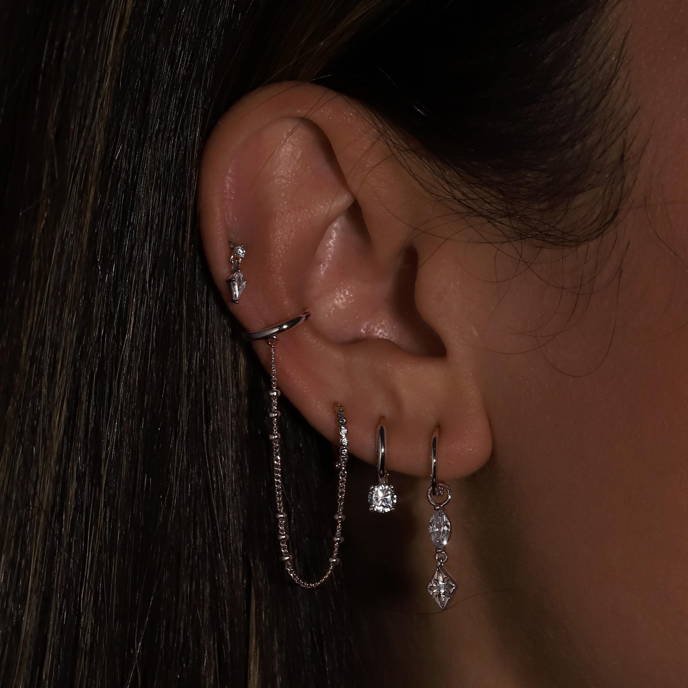 Solitaire Gemstone Huggie Hoop Earrings On Model - Sterling Silver