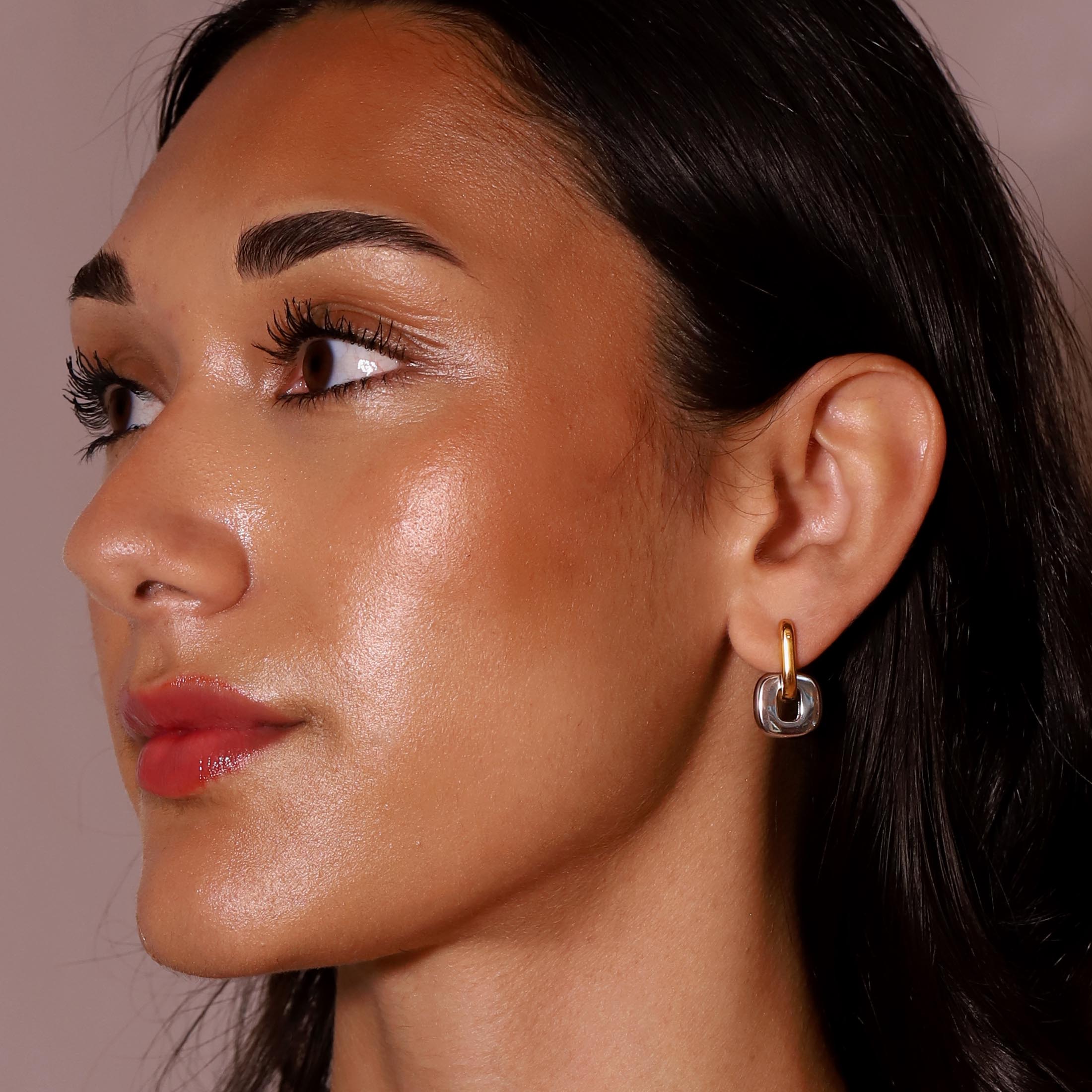 Sonder Duo Toned Removable Square Pendant Hoop Earrings On Model