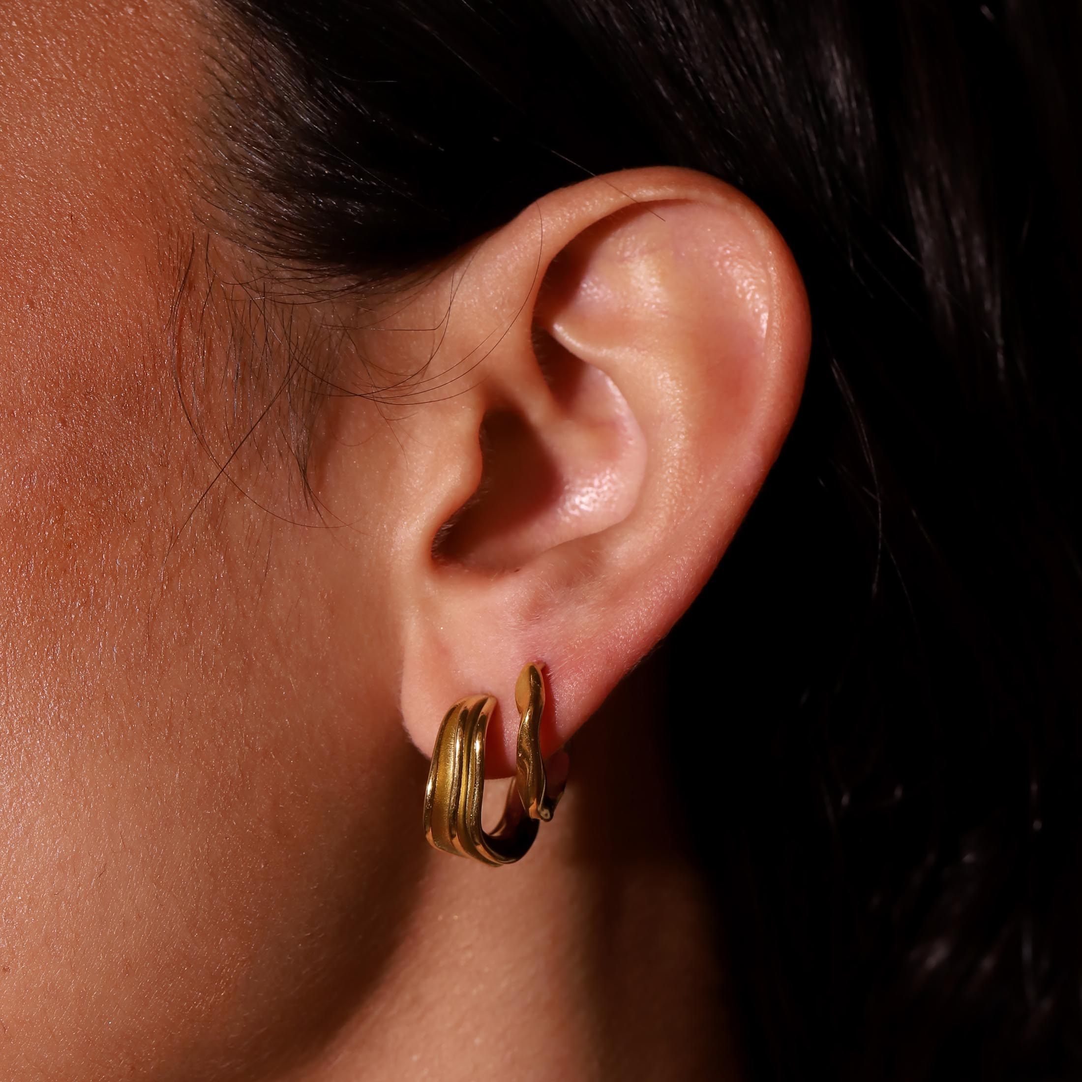 Tidal Half Hoop Earring Studs On Model - Gold