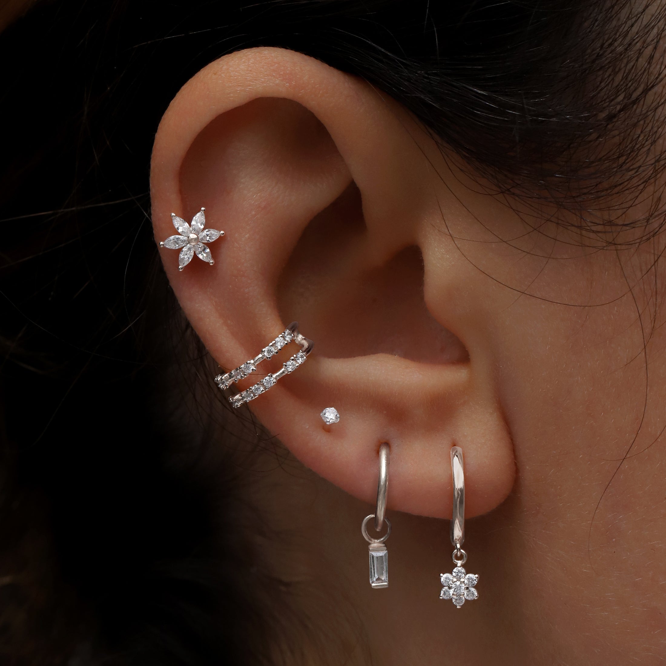 Bliss Baguette Gem Helix & Cartilage Hoop Ear Piercing On Model - Silver
