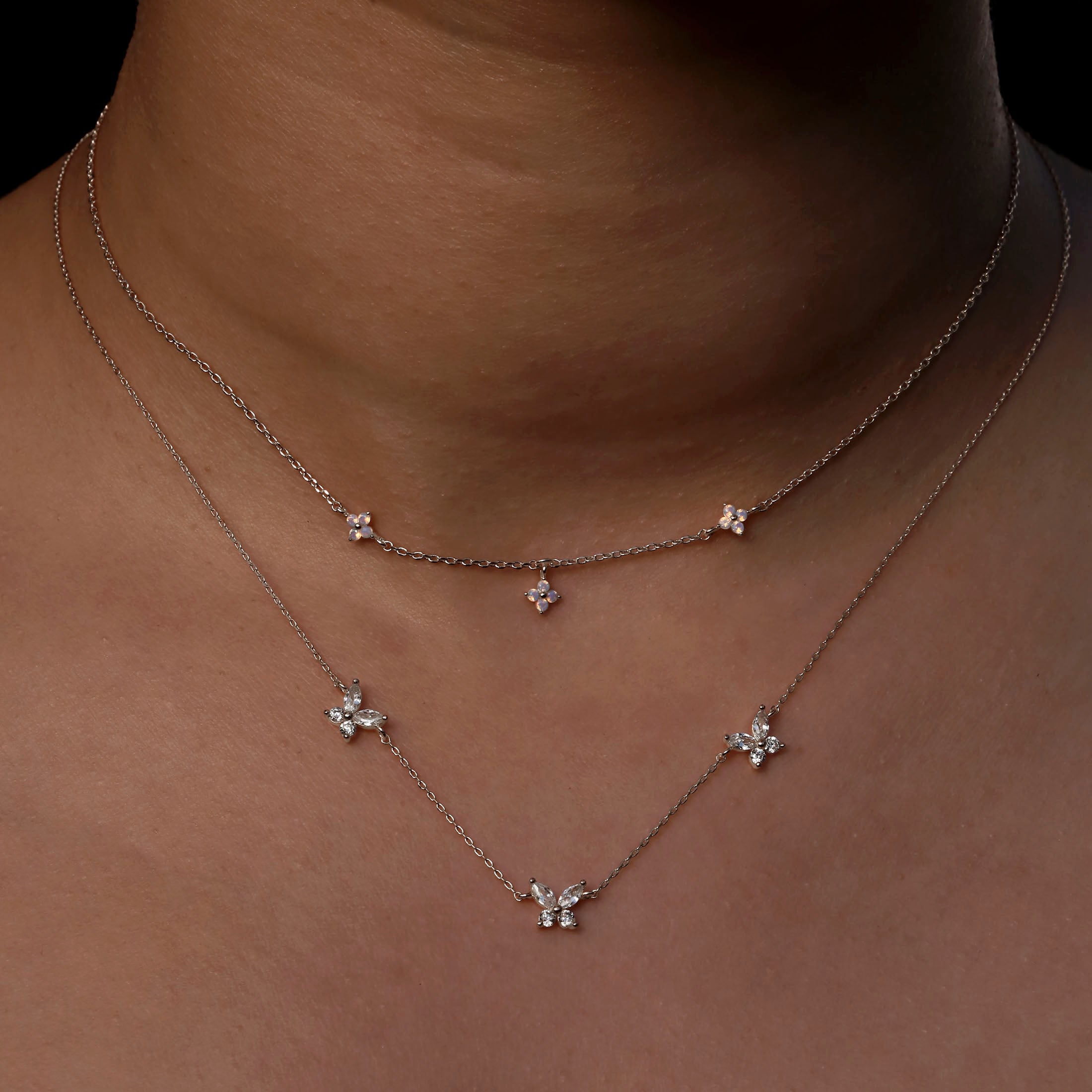 Flutter Butterfly Gemstone Charm Necklace On Model - Silver