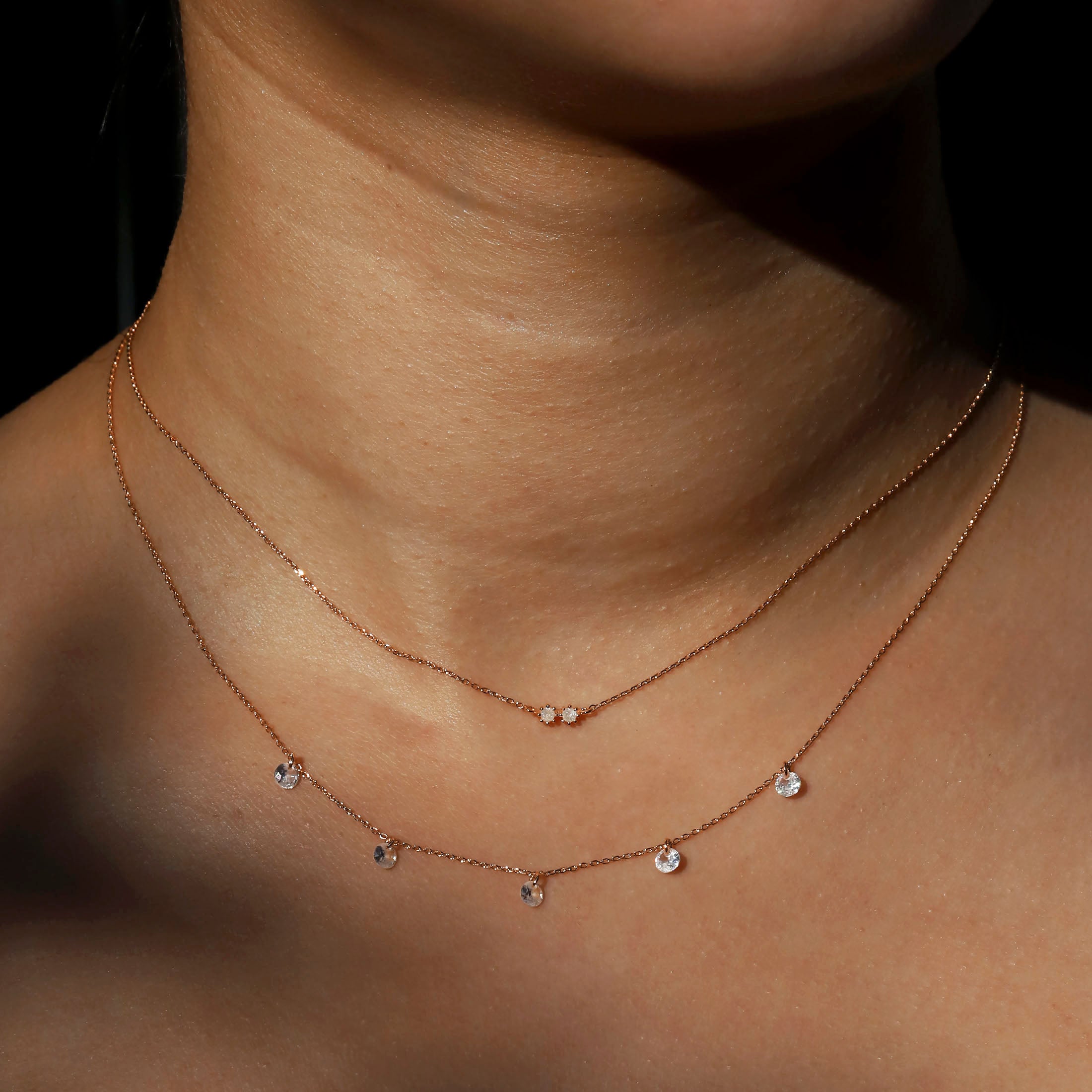 Double Exposure Layered Gemstone Chain Necklace On Model - Rose Gold