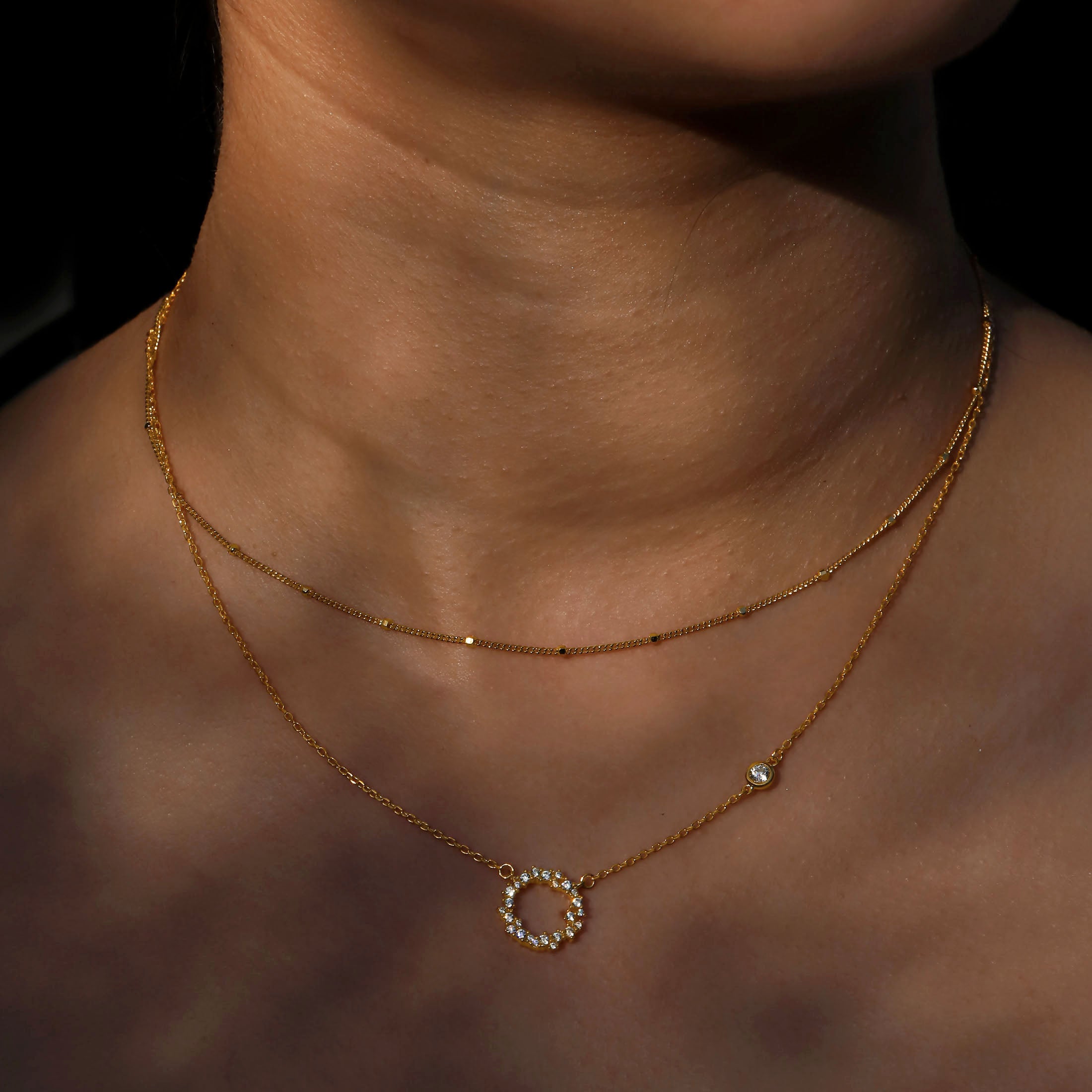 Array Fine Beaded Chain Necklace On Model - Gold