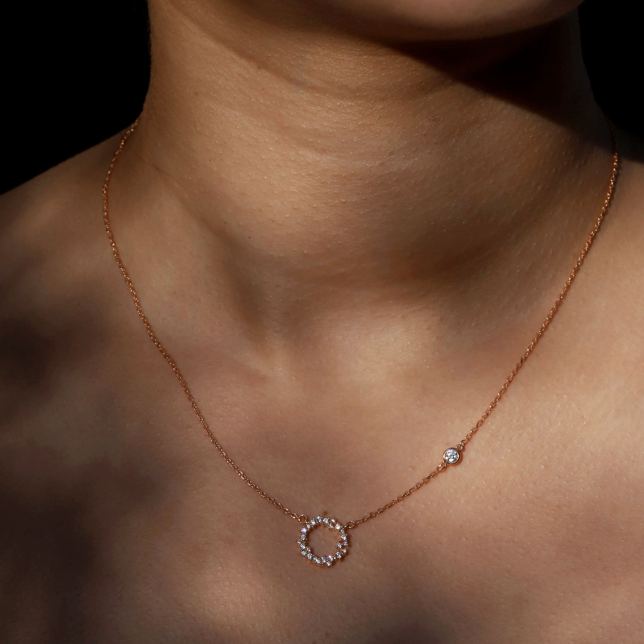 Eternity Halo Gemstone Necklace On Model - Rose Gold