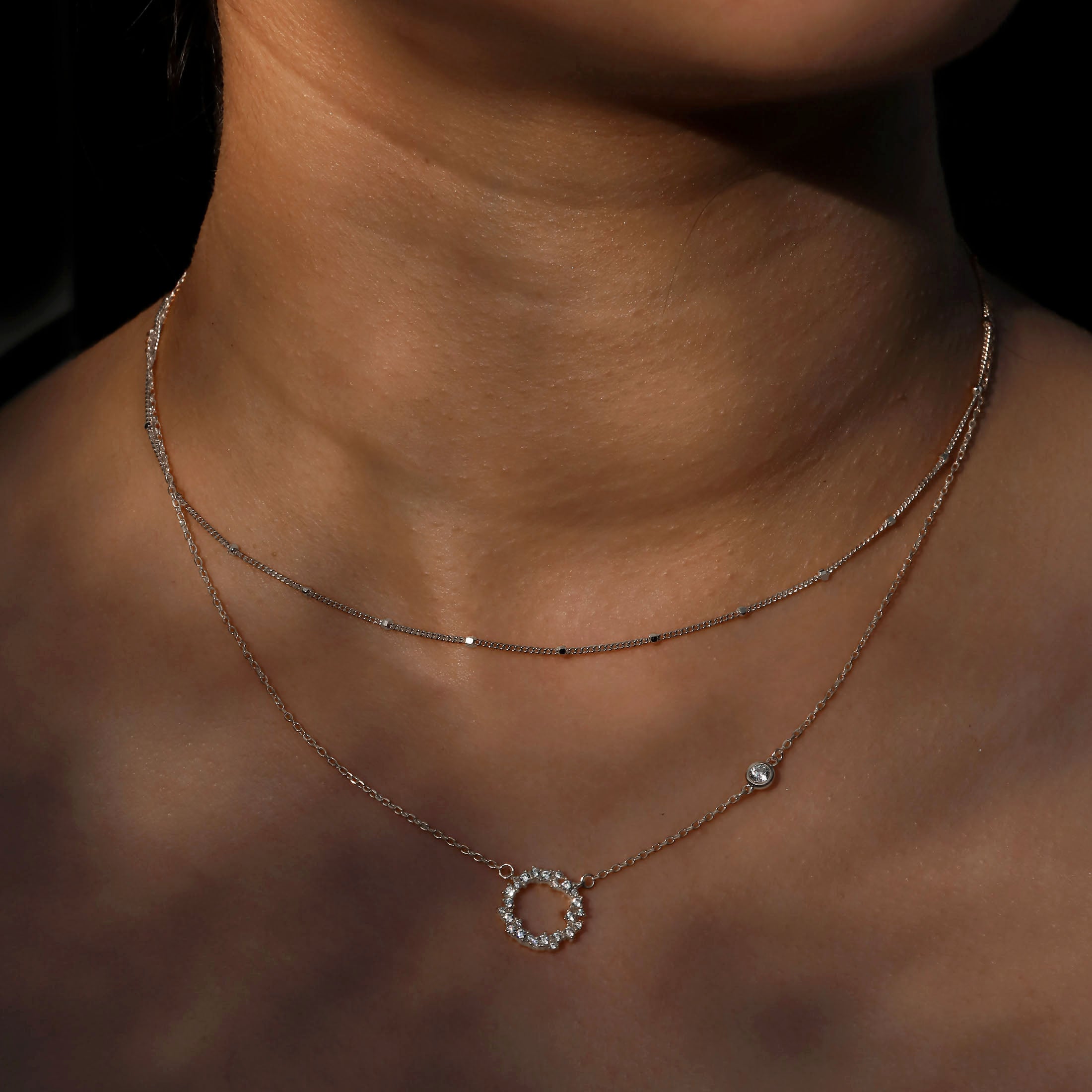 Array Fine Beaded Chain Necklace On Model - Silver