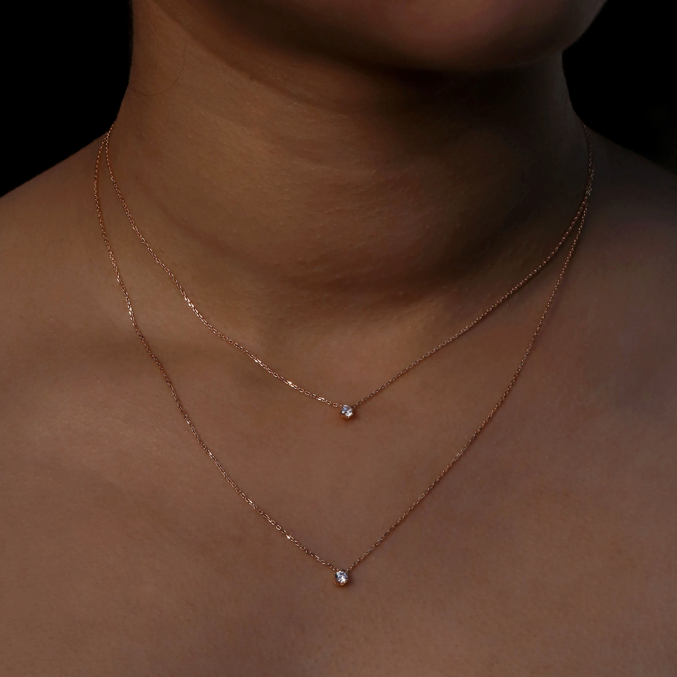 Gemini Gemstone Double Chain Necklace On Model - Rose Gold