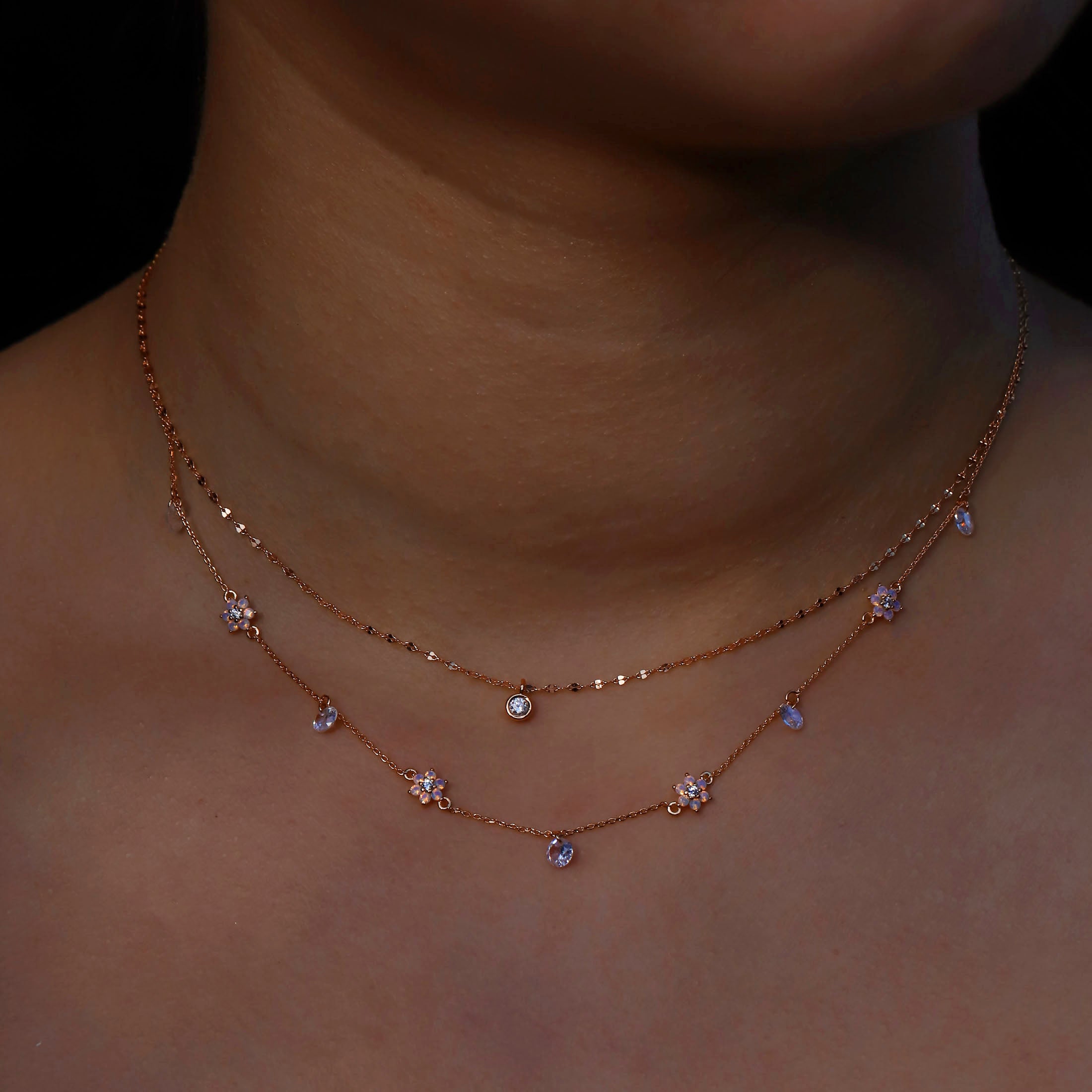 Lilius Gemstone Pendant Fine Chain Necklace On Model - Rose Gold