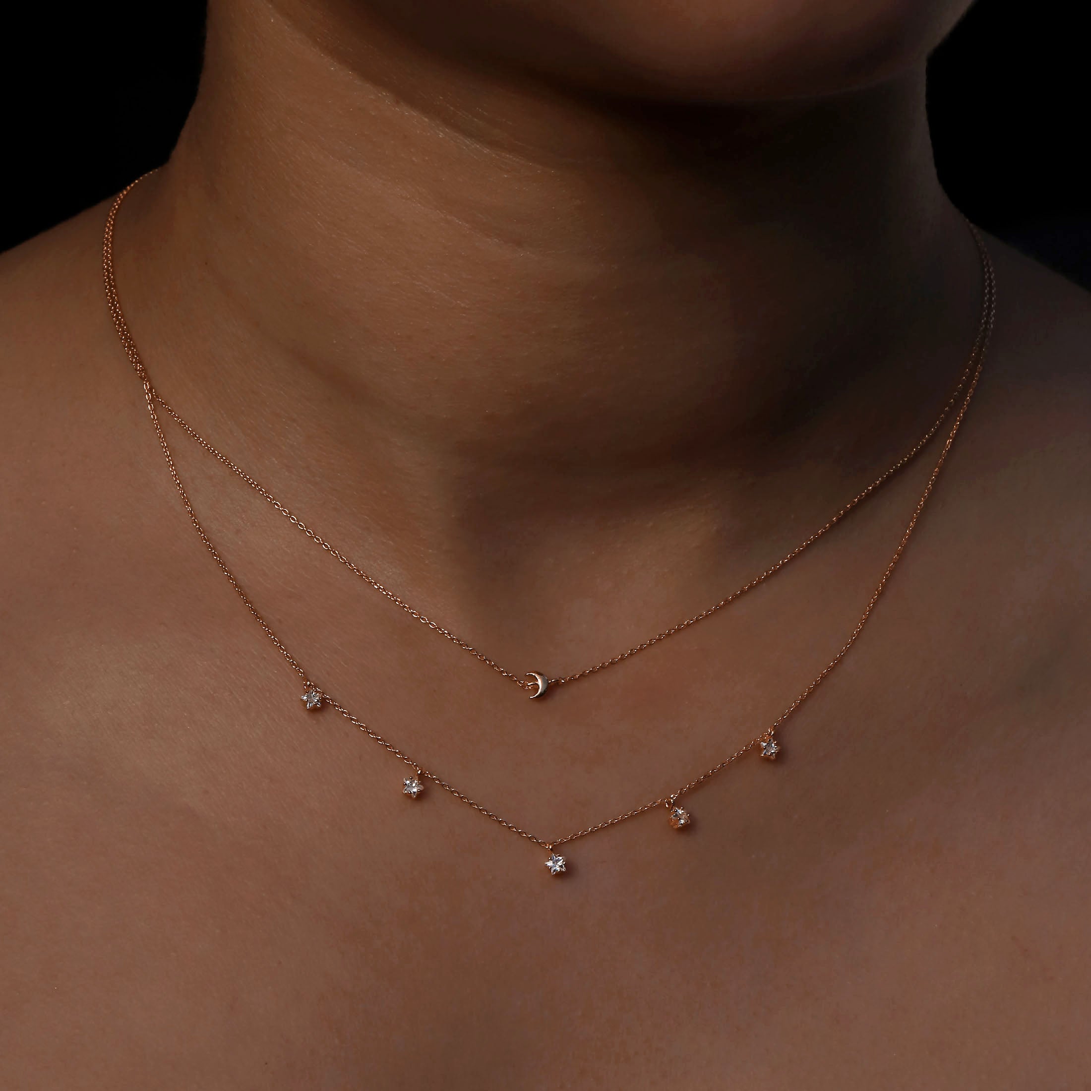 Moonrise Double Chain Moon & Stars Necklace On Model - Rose Gold