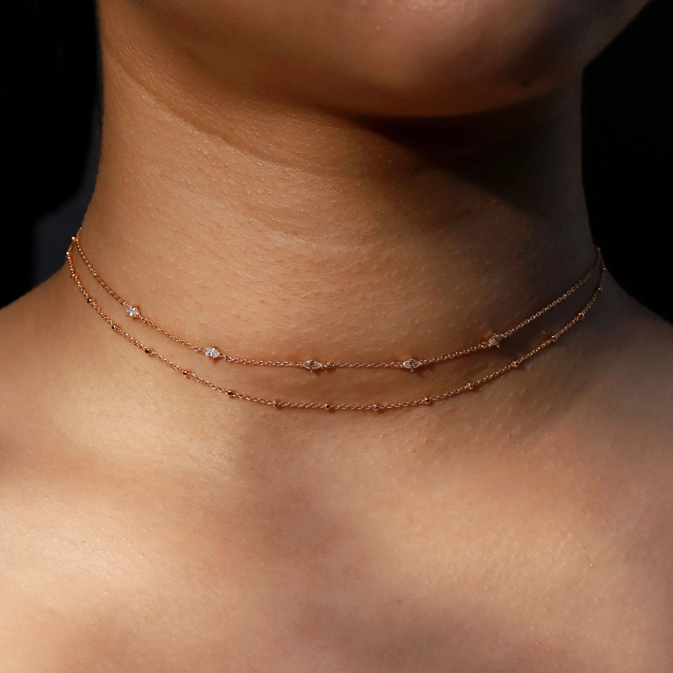 Olivia Double Chain Choker Gemstone Necklace On Model - Rose Gold