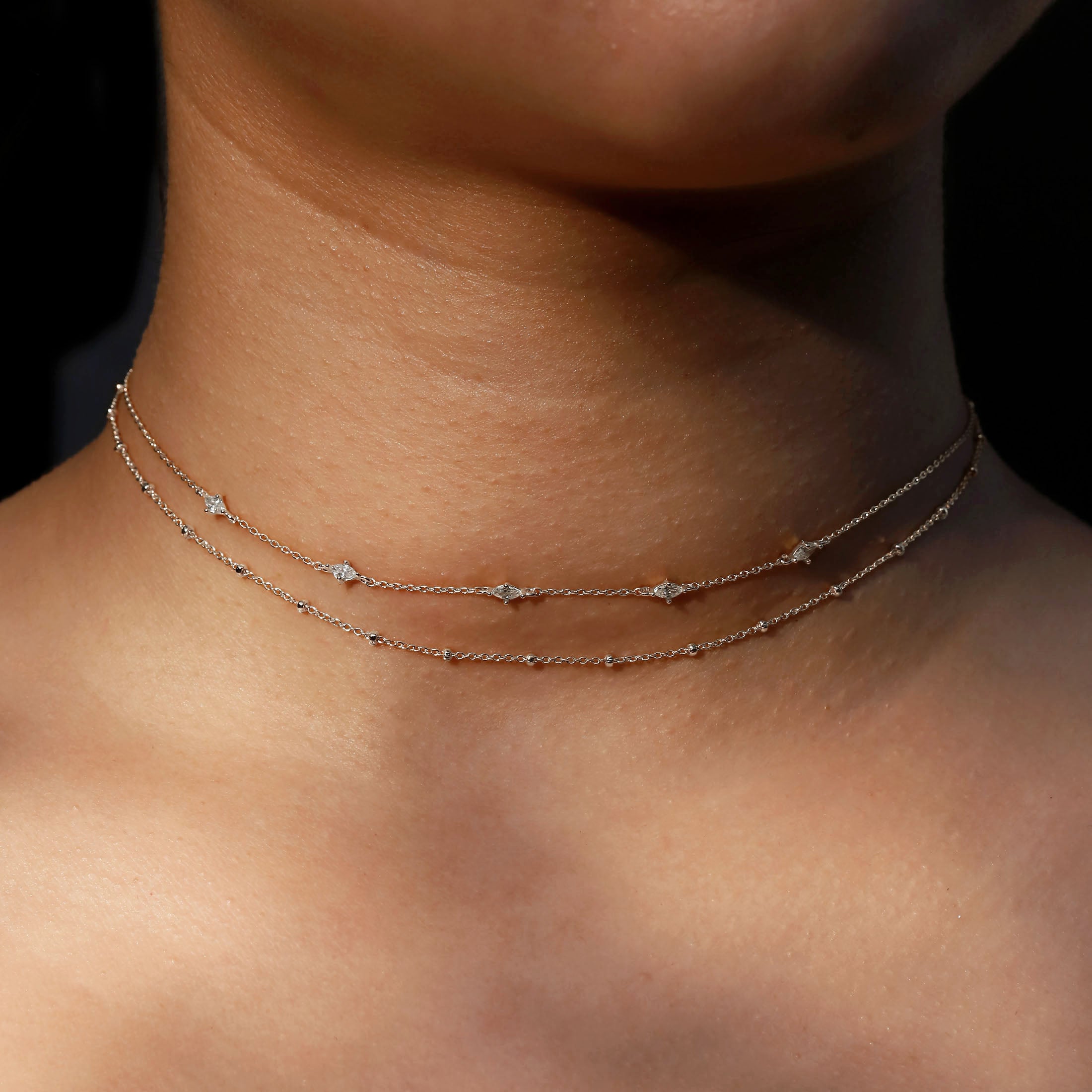 Olivia Double Chain Choker Gemstone Necklace On Model - Silver