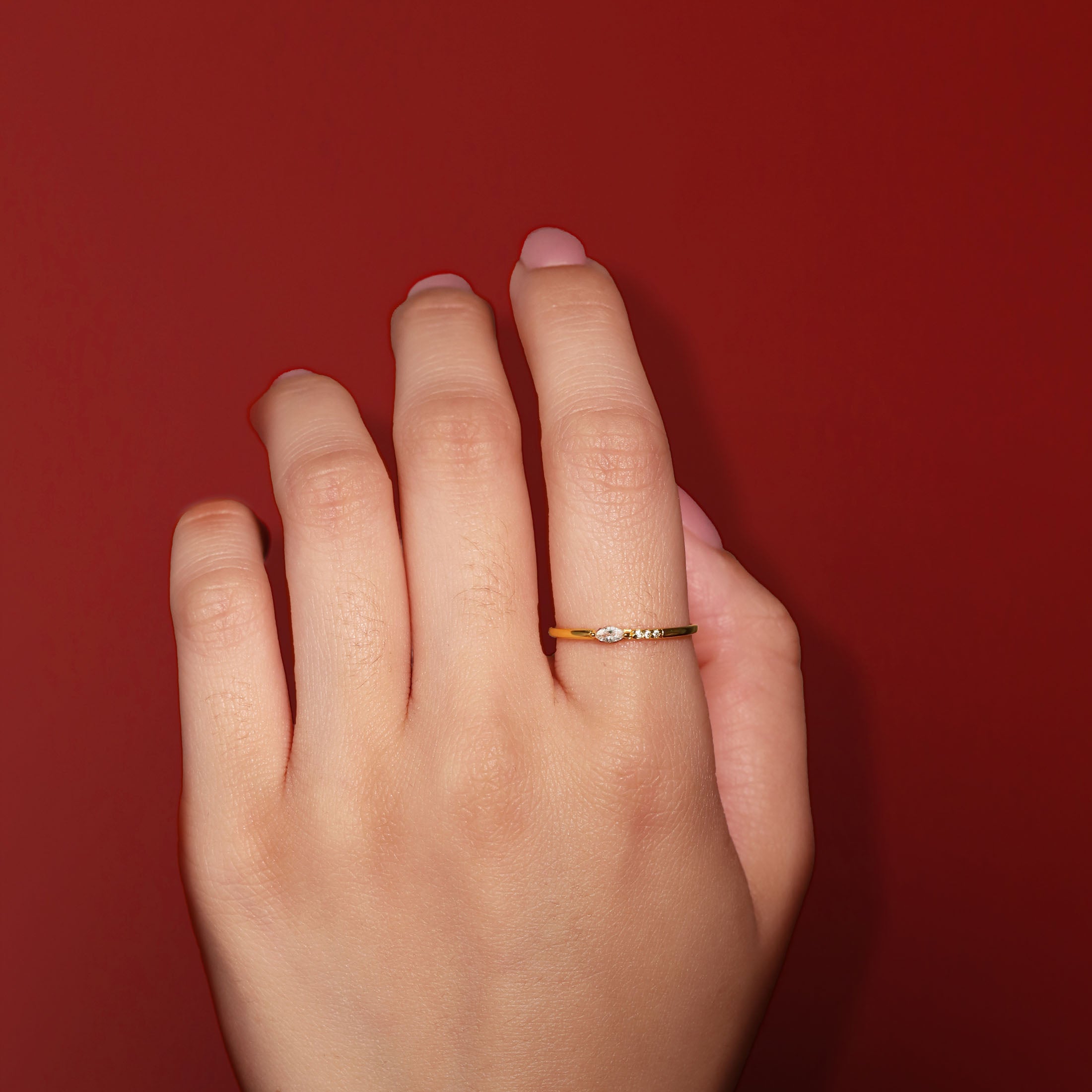 Abigail Olive & Round Gemstones Fine Band Ring On Model - Gold