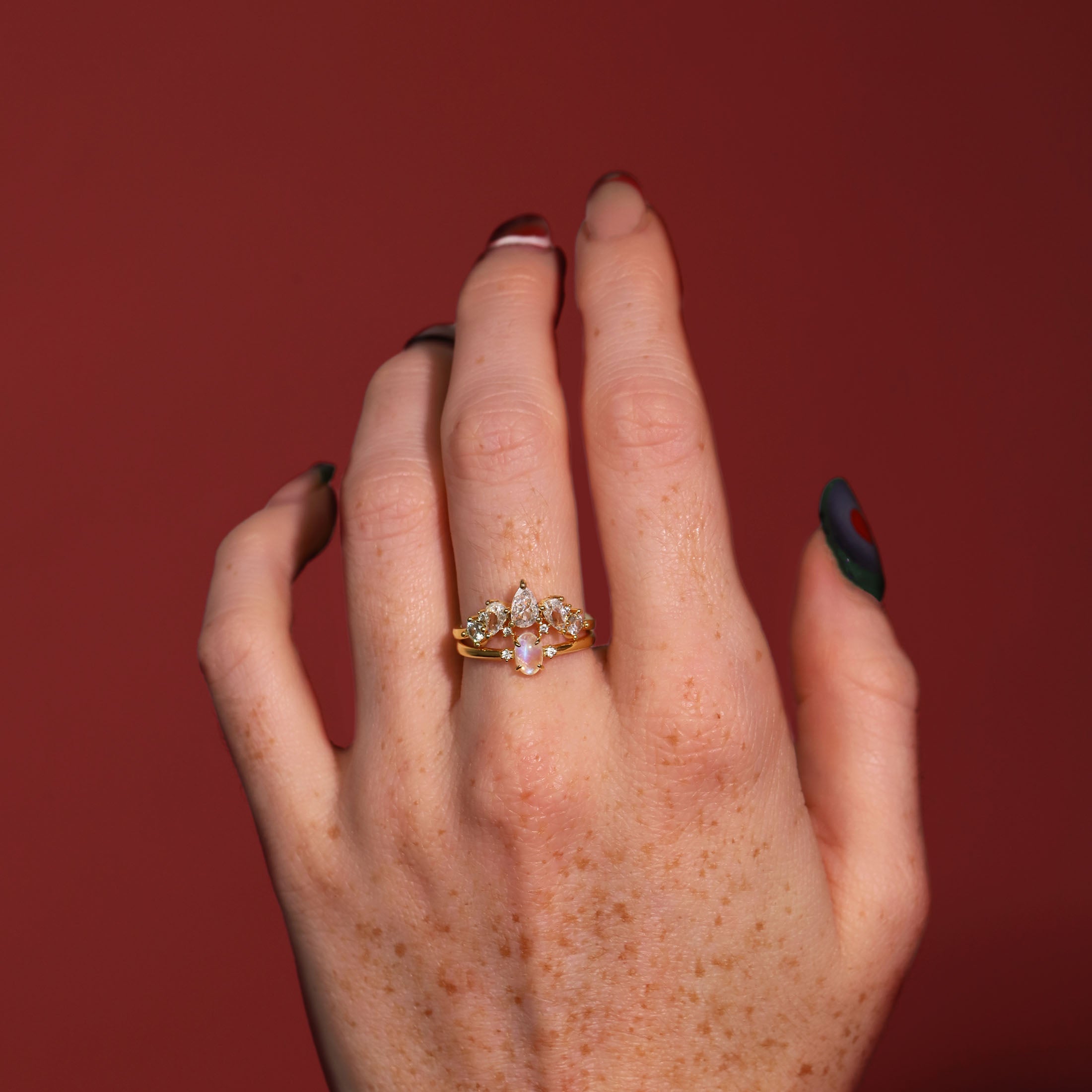 Athena Tiered Gemstone Ring On Model 2 - Gold