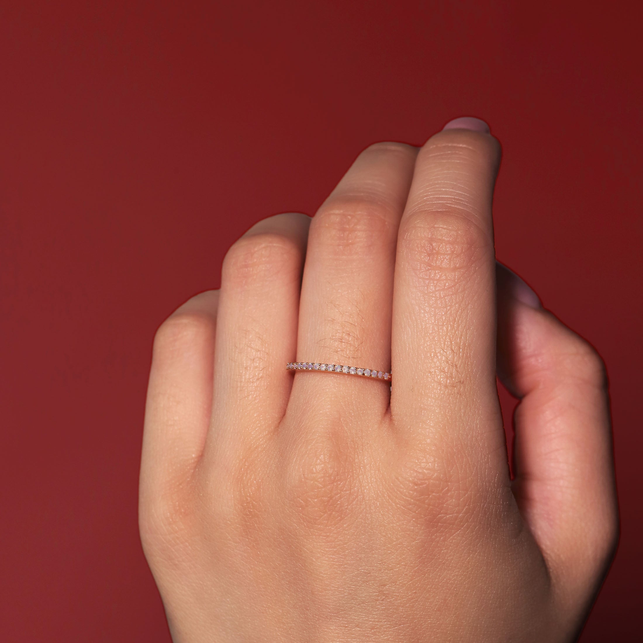 Mia Moonstone Band Ring On Model - Rose Gold