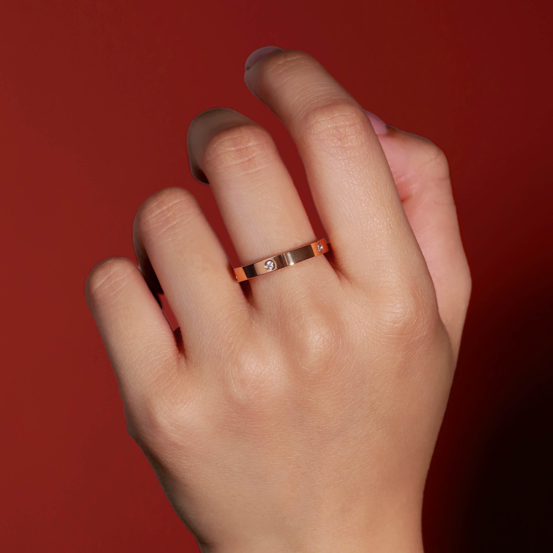 Ravena Thick Band Gemstone Inset Ring On Model - Rose Gold