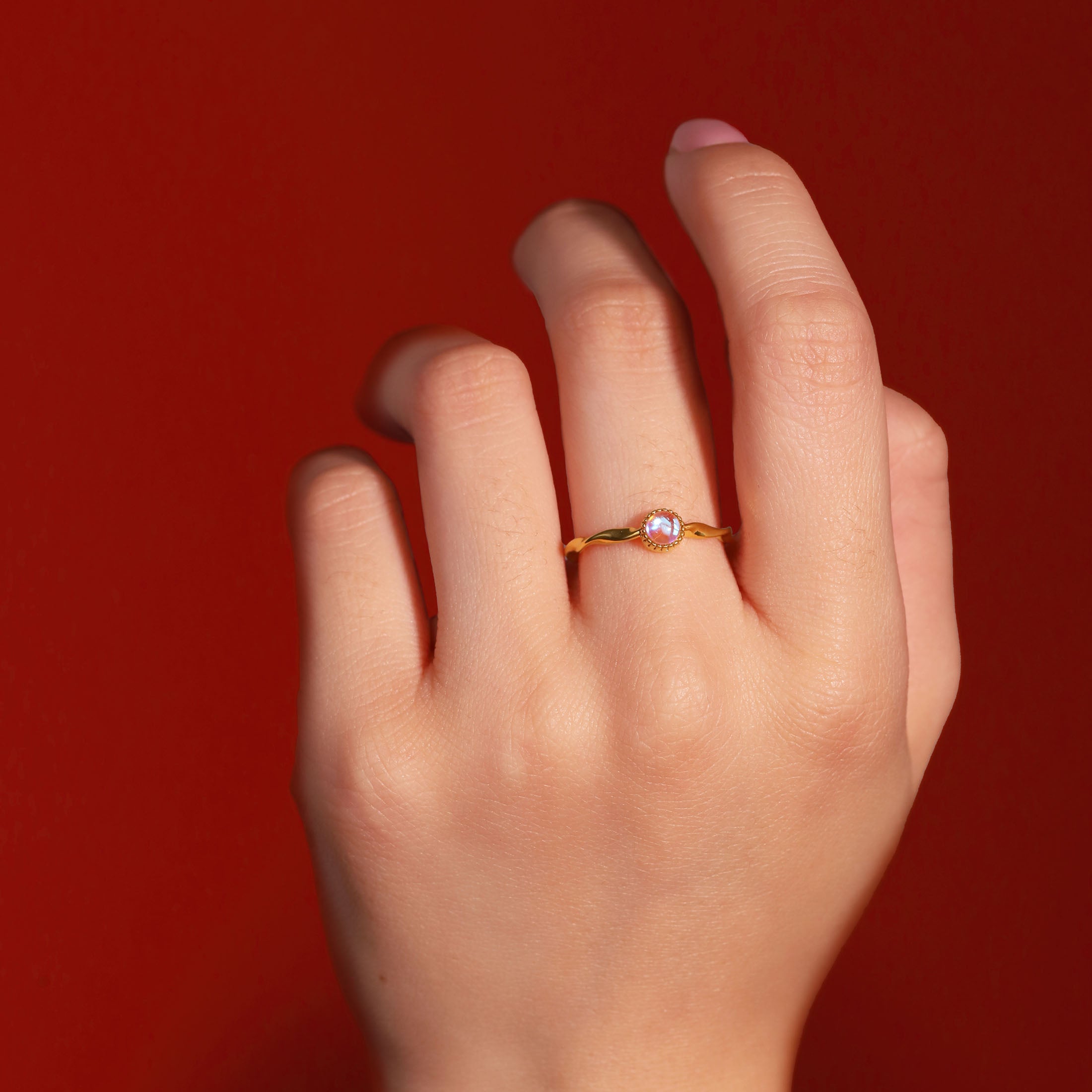 Talia Moonstone Twist Band Ring On Model - Gold