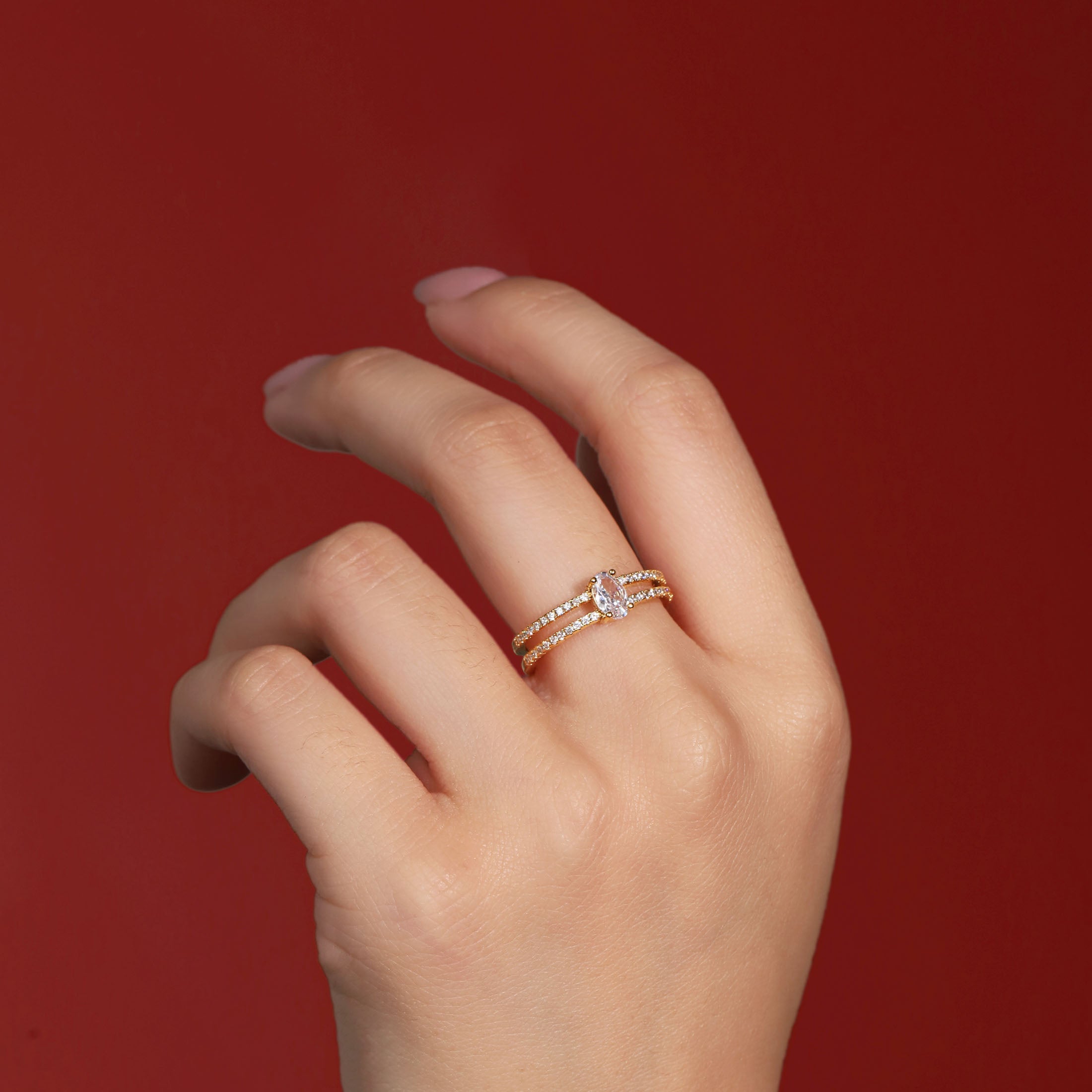 Vivienne Double Band Gemstone Ring On Model - Gold
