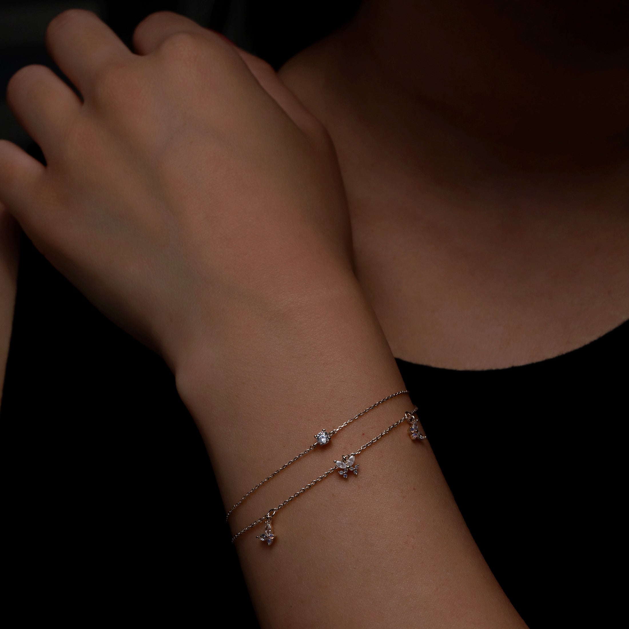 Bella Double Chain Butterfly Moonstone Bracelet On Model - Silver