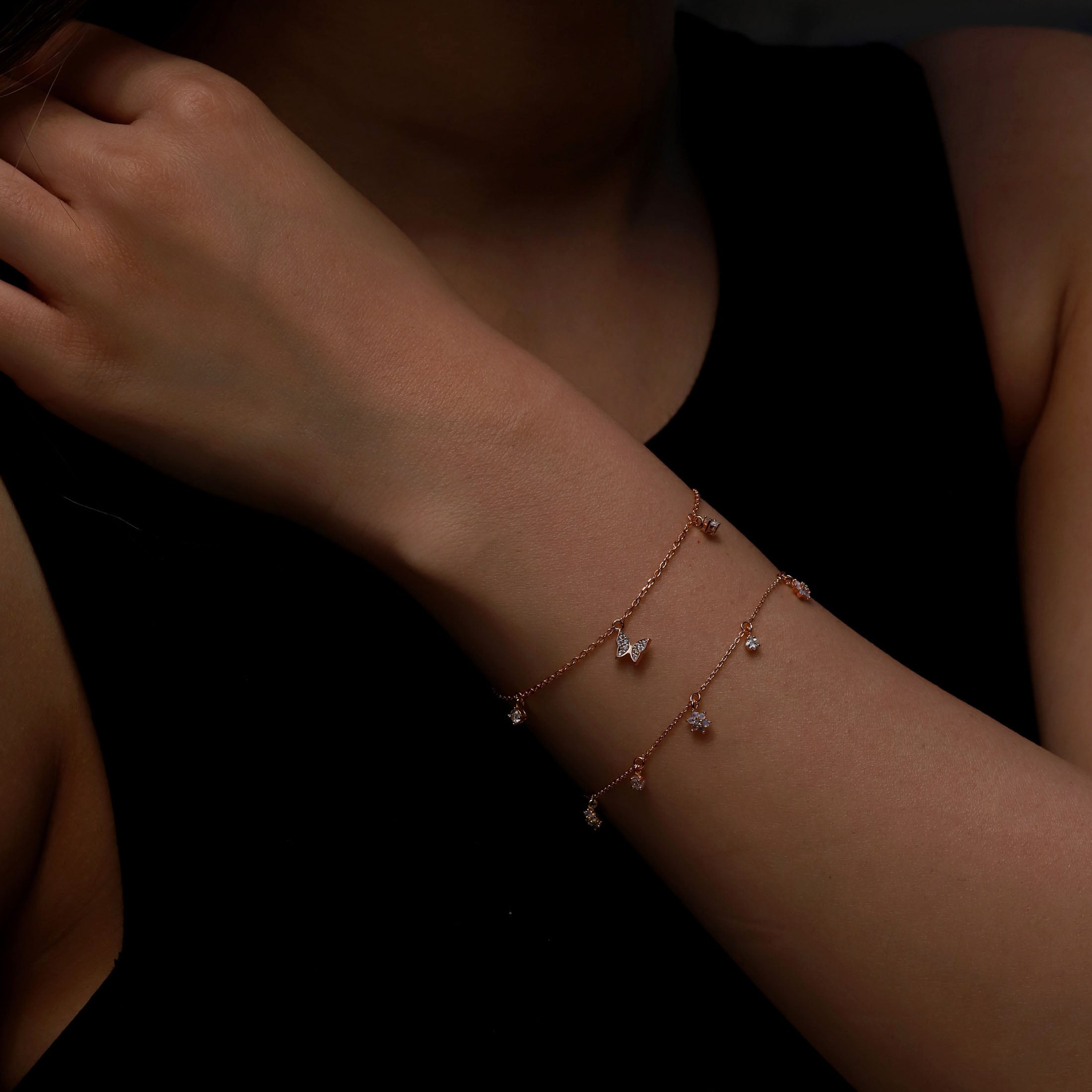 Flutter Butterfly Gemstone Charm Bracelet On Model - Rose Gold
