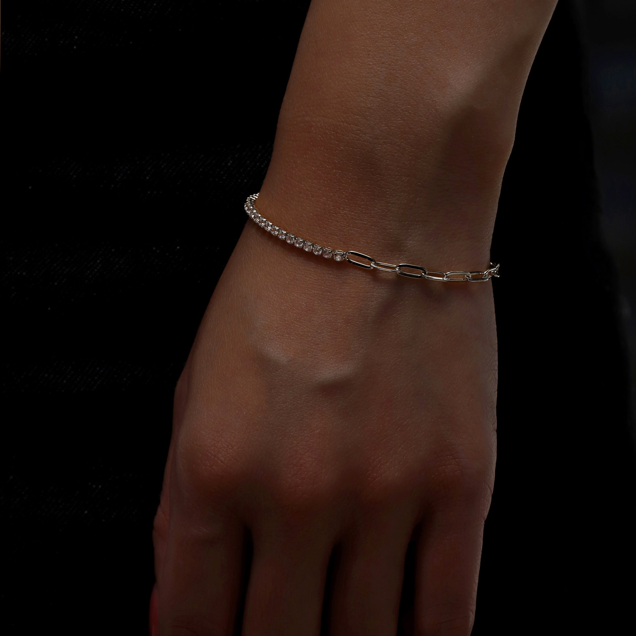Macey Gemstone Tennis & Paperclip Chain Bracelet On Model 2 - Silver