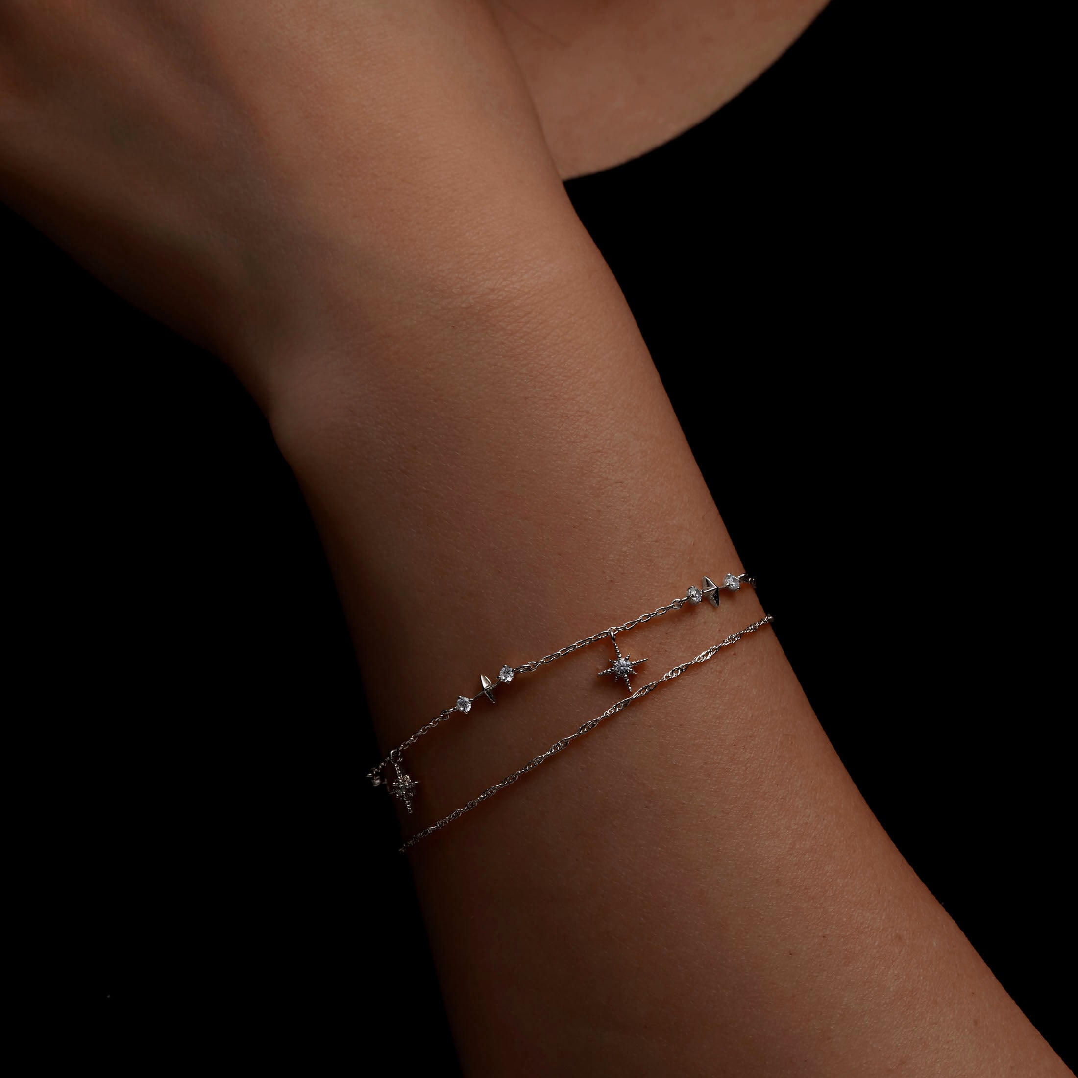 Nova Double Chain Stars & Gemstone Bracelet On Model - Silver