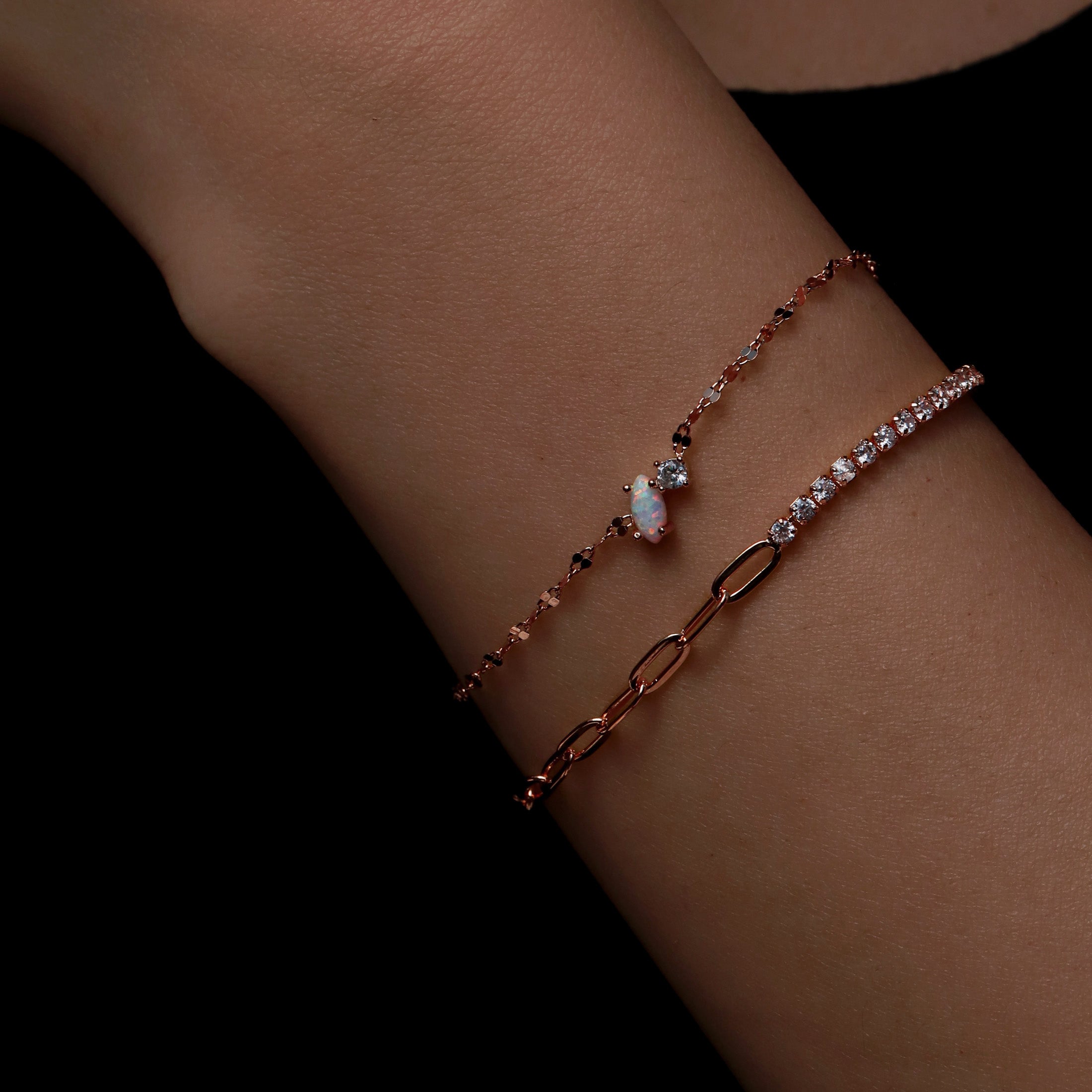 Oasis Opal & Gemstone Fine Marina Chain Bracelet On Model 2 - Rose Gold