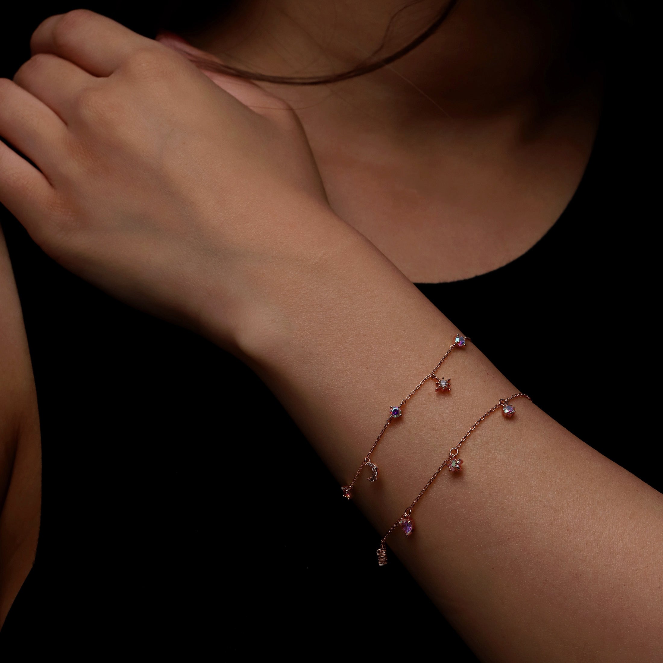 Lunette Moon & Star Gemstone Charm Bracelet On Model - Rose Gold